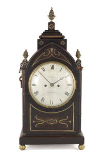 HARRISON, LIVERPOOL. A REGENCY BRASS INLAID DOUBLE FUSEE. BRACKET CLOCK: HARRISON, LIVERPOOL. A REGENCY BRASS INLAID DOUBLE FUSEE. BRACKET CLOCK, having a gothic style ebonised case with ormolu pineapple finials and cluster columns enclosing a 8" silvered circular dial wit