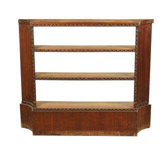 A LATE 19TH CENTURY OAK LINEN FOLD COUNTRY HOUSE OPEN BOOKCASE: A LATE 19TH CENTURY OAK LINEN FOLD COUNTRY HOUSE OPEN BOOKCASE with inverted sides and open shelf centre raised on a plinth base (113cm wide 20cm deep 96cm high)