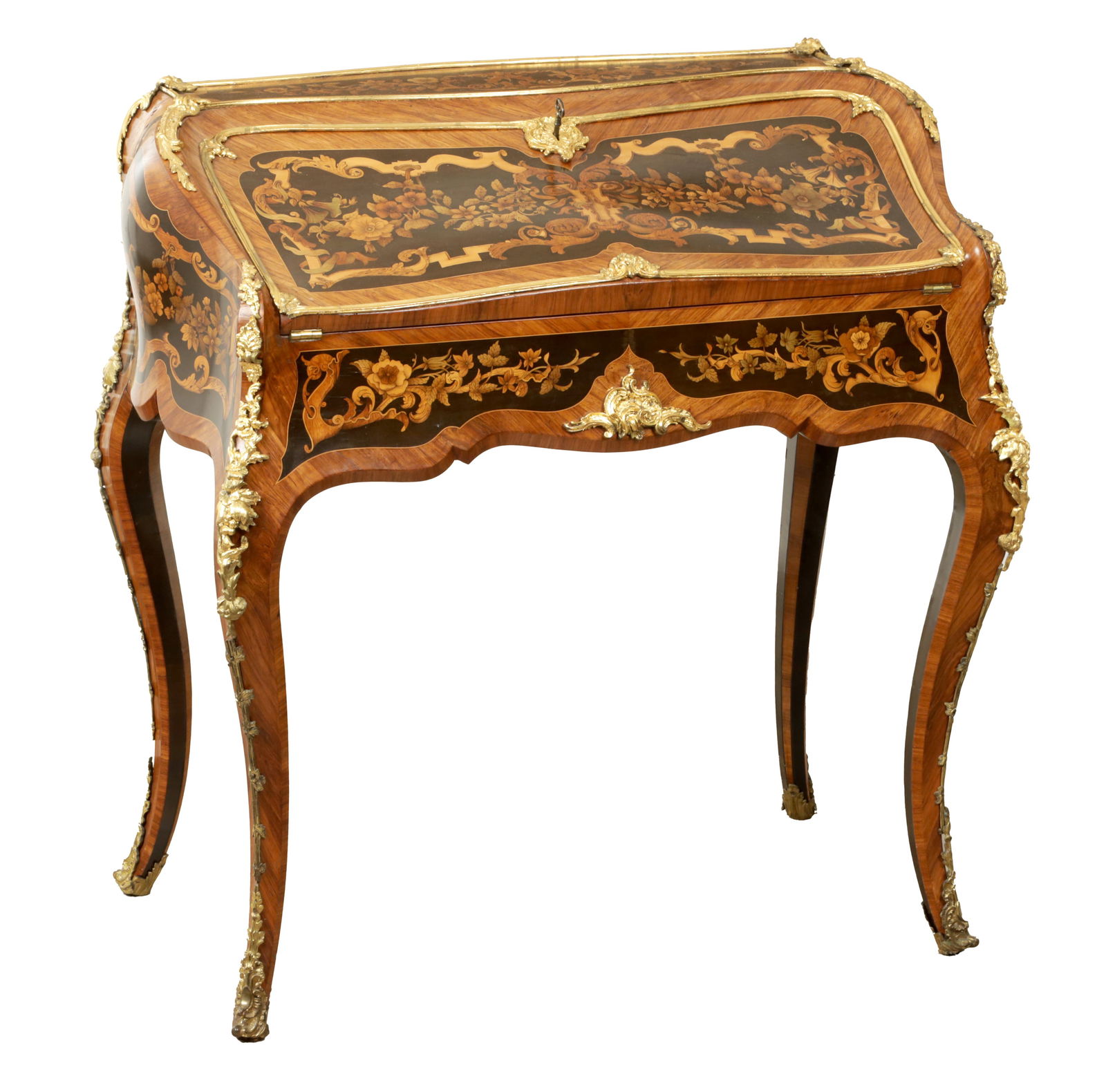 A FINE 19TH CENTURY ENGLISH MARQUETRY, KINGWOOD AND ORMOLU MOUNTED BUREAU ATTRIBUTED TO THE WORKSHOP: A FINE 19TH CENTURY ENGLISH MARQUETRY, KINGWOOD AND ORMOLU MOUNTED BUREAU ATTRIBUTED TO THE WORKSHOP OF EDWARD HOLMES BALDOCK having all-round shaped floral inlays with leaf cast mounts and angled fal