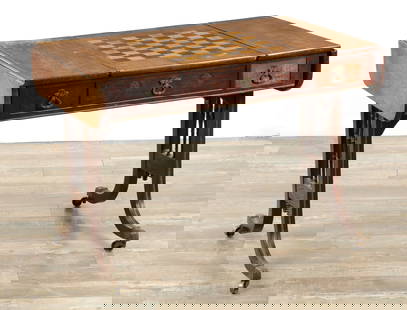 A GOOD REGENCY FIGURED ROSEWOOD GAMES TABLE: A GOOD REGENCY FIGURED ROSEWOOD GAMES TABLE with pull out flip over centre for chess board and backgammon, flanked by side drawers and fold down narrow sides raised on shaped splayed end supports havi