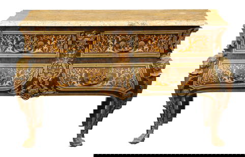 A 20TH CENTURY FRENCH MARQUETRY INLAID COMMODE: A 20TH CENTURY FRENCH MARQUETRY INLAID COMMODE with marble top above four small drawers fitted with ormolu mounts having shaped sides fitted with figural supports and raised on cabriole legs with paw