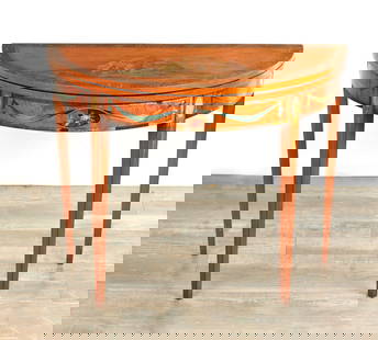 A GEORGE III PAINTED DEMI LUNE CARD TABLE: A GEORGE III PAINTED DEMI LUNE CARD TABLE with classical figures and swagwork decoration, having a hinged top raised on square tapering leg supports (92cm wide 45cm deep 73cm high )
