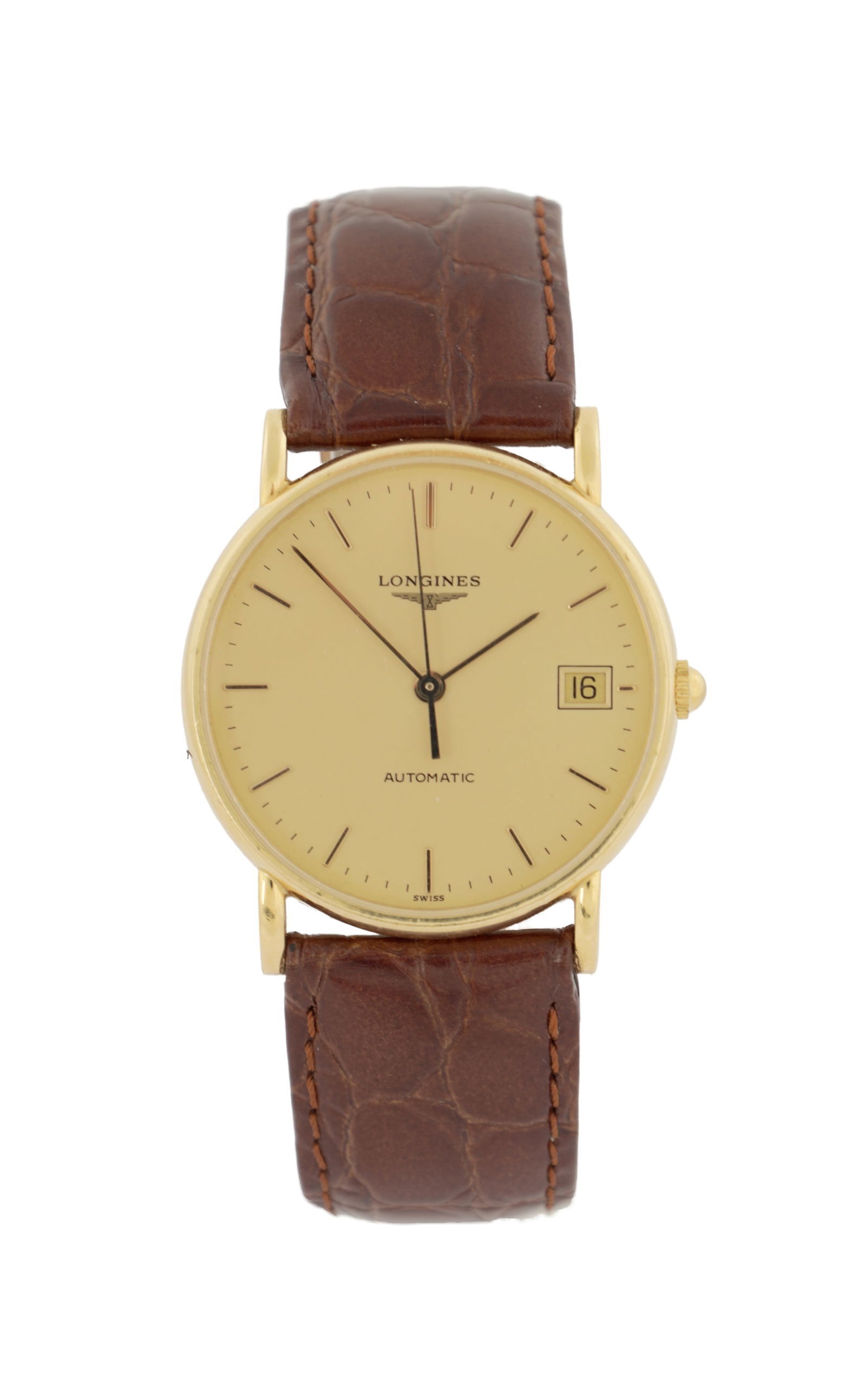 A GENTLEMAN'S 18CT GOLD LONGINES AUTOMATIC WRISTWATCH: A GENTLEMAN'S 18CT GOLD LONGINES AUTOMATIC WRISTWATCH on crocodile leather strap, the circular case enclosing a matt gold dial with baton markers and calendar aperture fronting a jewelled automatic sp