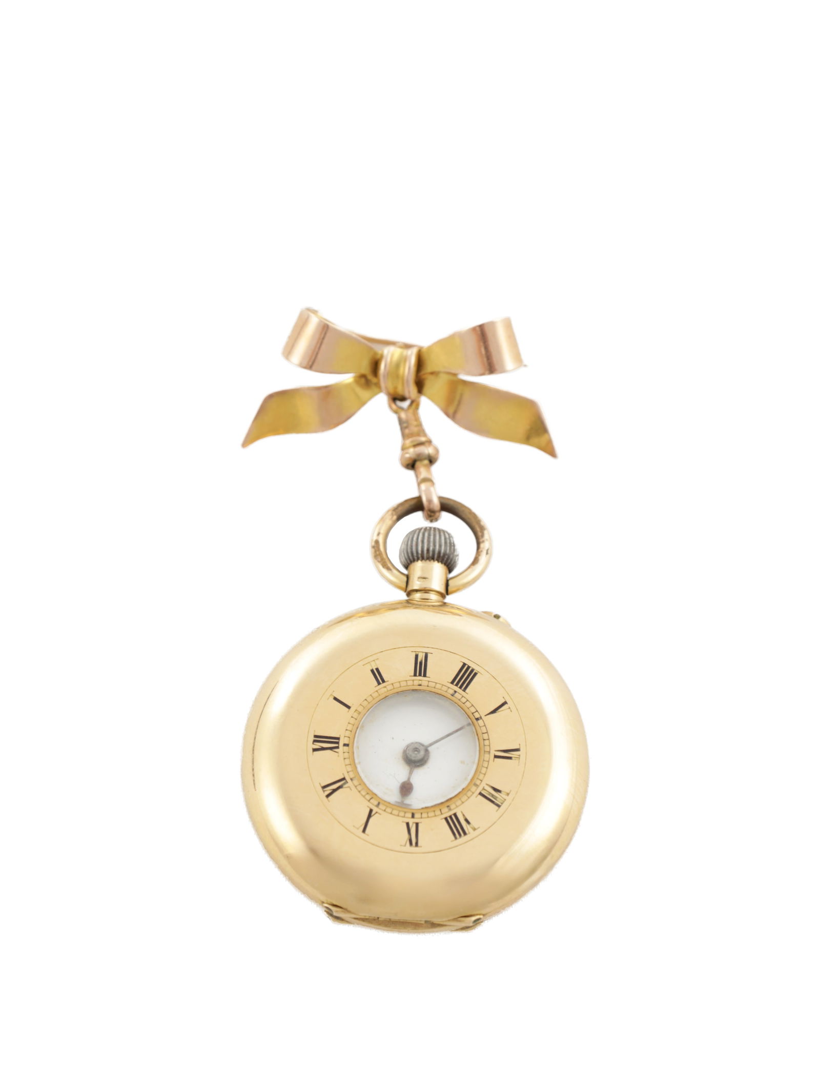 A LADIES 18CT GOLD DEMI-HUNTER FOB WATCH: A LADIES 18CT GOLD DEMI-HUNTER FOB WATCH with bow brooch suspension, the inner back cover inscribed "Swiss made for John Walker 230, Regent Street London .W." The white enamel dial fronting a keyless