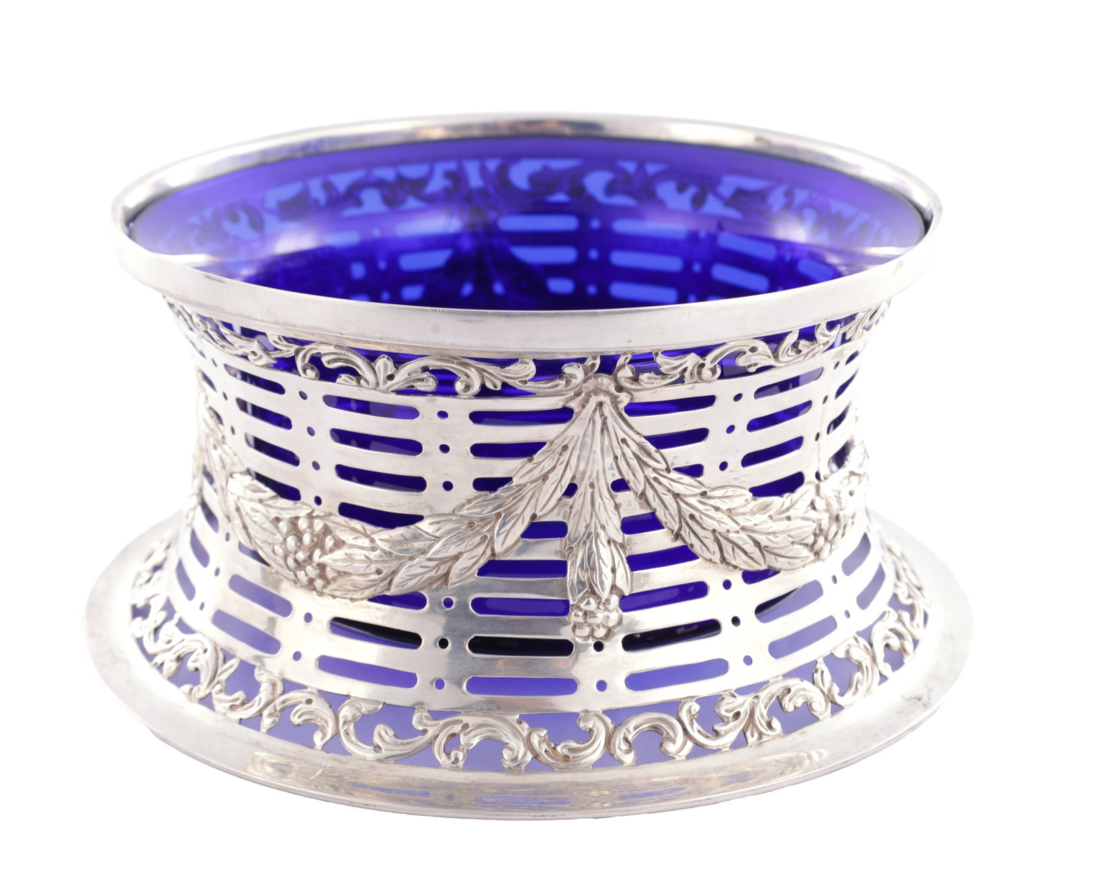 A VICTORIAN SILVER POTATO DISH RING WITH BLUE GLASS LINER (1 of 9)