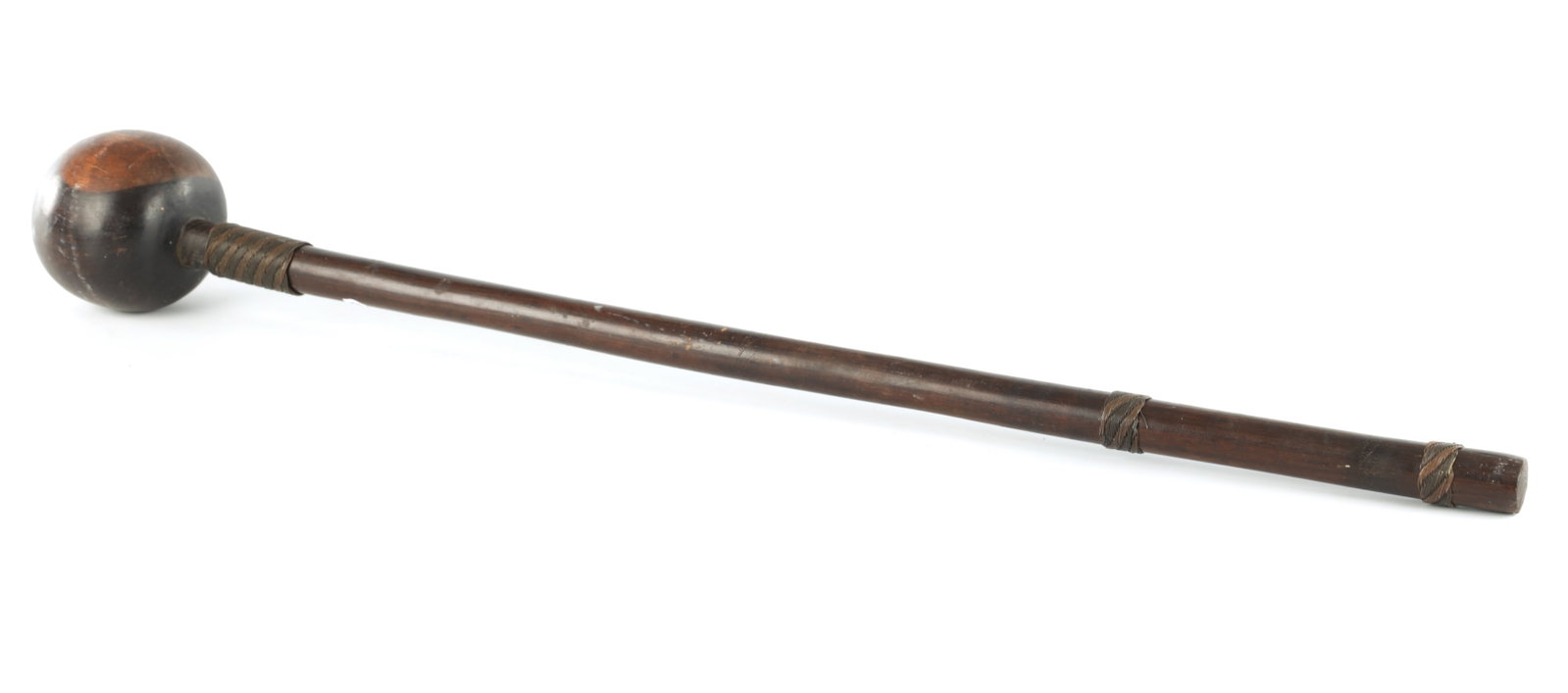 A 19TH CENTURY AFRICAN HARDWOOD KNOBKERRIE: A 19TH CENTURY AFRICAN HARDWOOD KNOBKERRIE with bound wirework decoration to the stem. (73cm overall)