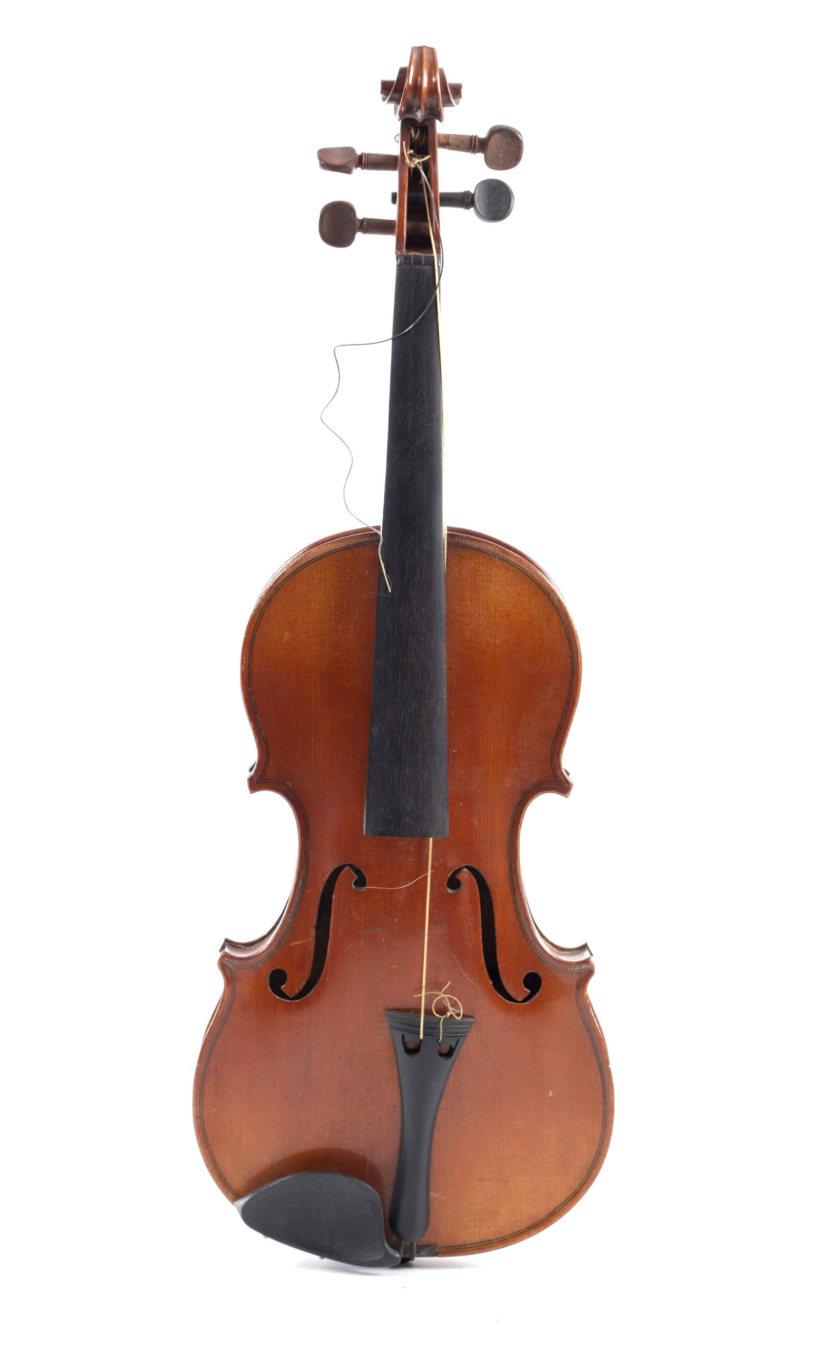 A CASED VIOLIN AND BOW: A CASED VIOLIN AND BOW with figured maple back, together with bow, housed in its original green velvet-lined hard case. (36cm back, total length 58.5cm,)