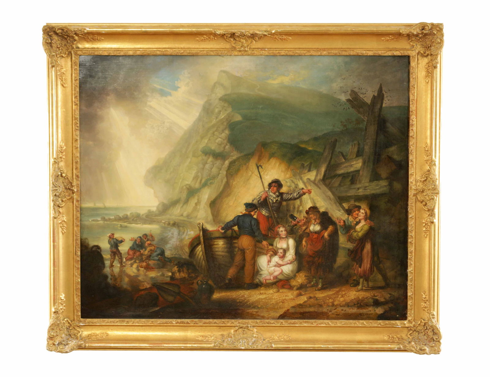 WILLIAM COLLINS (1788-1847) A 19TH CENTURY OIL ON CANVAS COASTAL SCENE DEPICTING SMUGGLERS: WILLIAM COLLINS (1788-1847) A 19TH CENTURY OIL ON CANVAS COASTAL SCENE DEPICTING SMUGGLERS, in gilt swept frame - signed and dated 1831 (78cm high, 97cm wide)