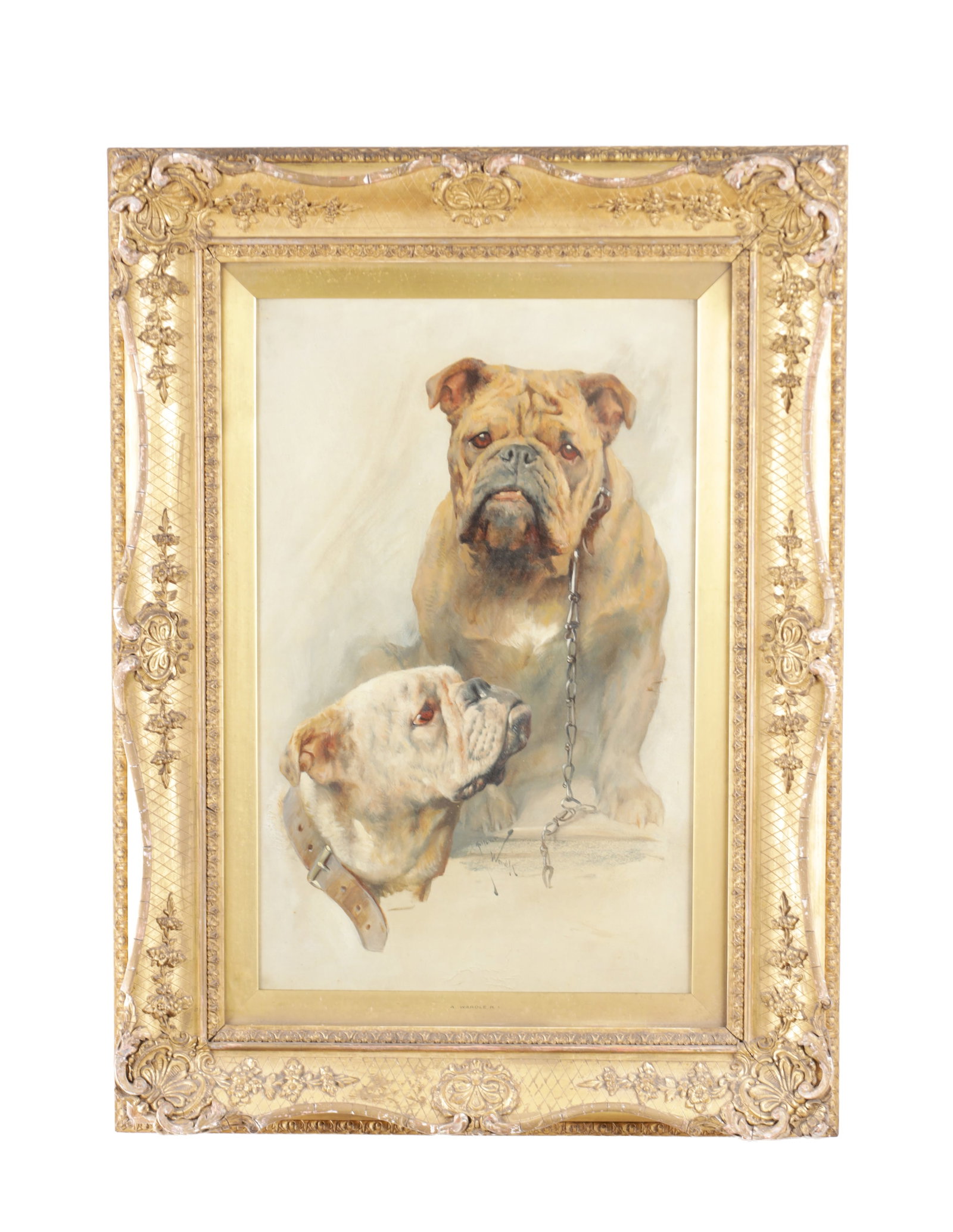 ARTHUR WARDLE (1864 - 1949). A RARE LATE 19TH / EARLY 20TH CENTURY OIL ON CANVAS A PORTRAIT OF TWO: ARTHUR WARDLE (1864 - 1949). A RARE LATE 19TH / EARLY 20TH CENTURY OIL ON CANVAS A PORTRAIT OF TWO BULLDOGS in glazed gilt swept frame - signed and dated. (54cm high 34cm wide )