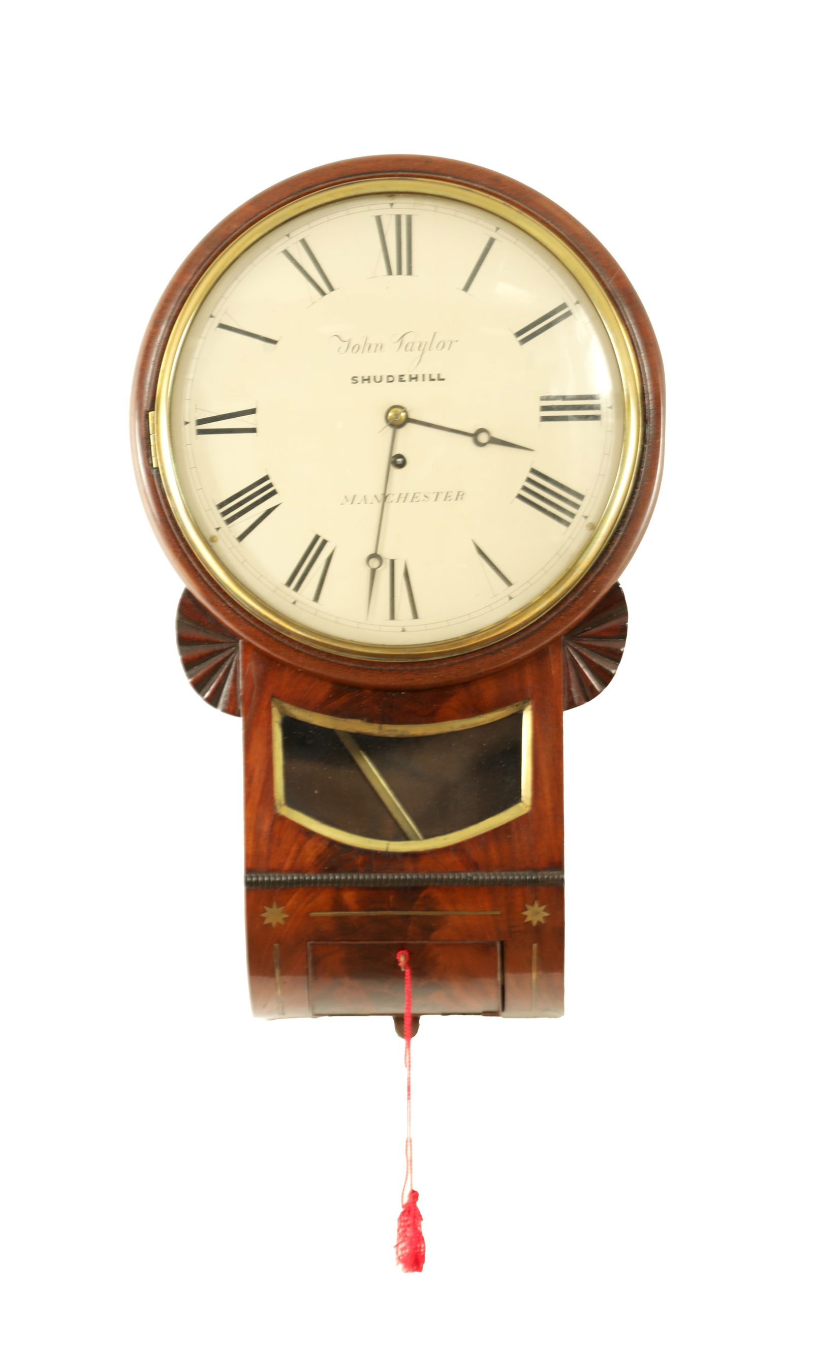 JOHN TAYLOR, SHUDEHILL, MANCHESTER. A REGENCY MAHOGANY FUSEE WALL CLOCK: JOHN TAYLOR, SHUDEHILL, MANCHESTER. A REGENCY MAHOGANY FUSEE WALL CLOCK, the brass inlaid case with moulded surround and cast brass bezel enclosing a 12" painted convex dial fronting an eight-day fuse