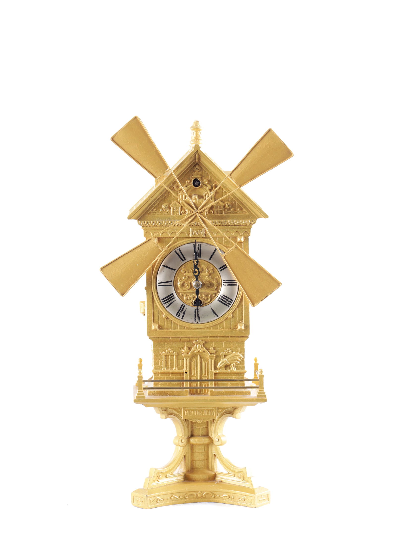 A LATE 19TH CENTURY FRENCH GILT METAL AUTOMATION WINDMILL MANTEL CLOCK: A LATE 19TH CENTURY FRENCH GILT METAL AUTOMATION WINDMILL MANTEL CLOCK, the architectural case with rotating sails and silvered dial fronting an eight-day spring-driven movement below a separate sprin