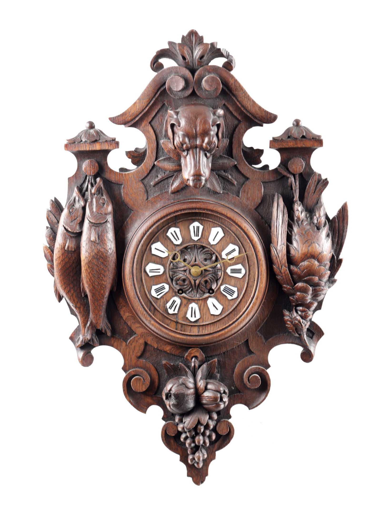 A 19TH CENTURY BLACK FOREST CARVED OAK HANGING WALL CLOCK: A 19TH CENTURY BLACK FOREST CARVED OAK HANGING WALL CLOCK with dog's head surmount flanked by hanging game and fish, enclosing a Roman enamel inlaid dial fronting an eight-day spring-driven movement s