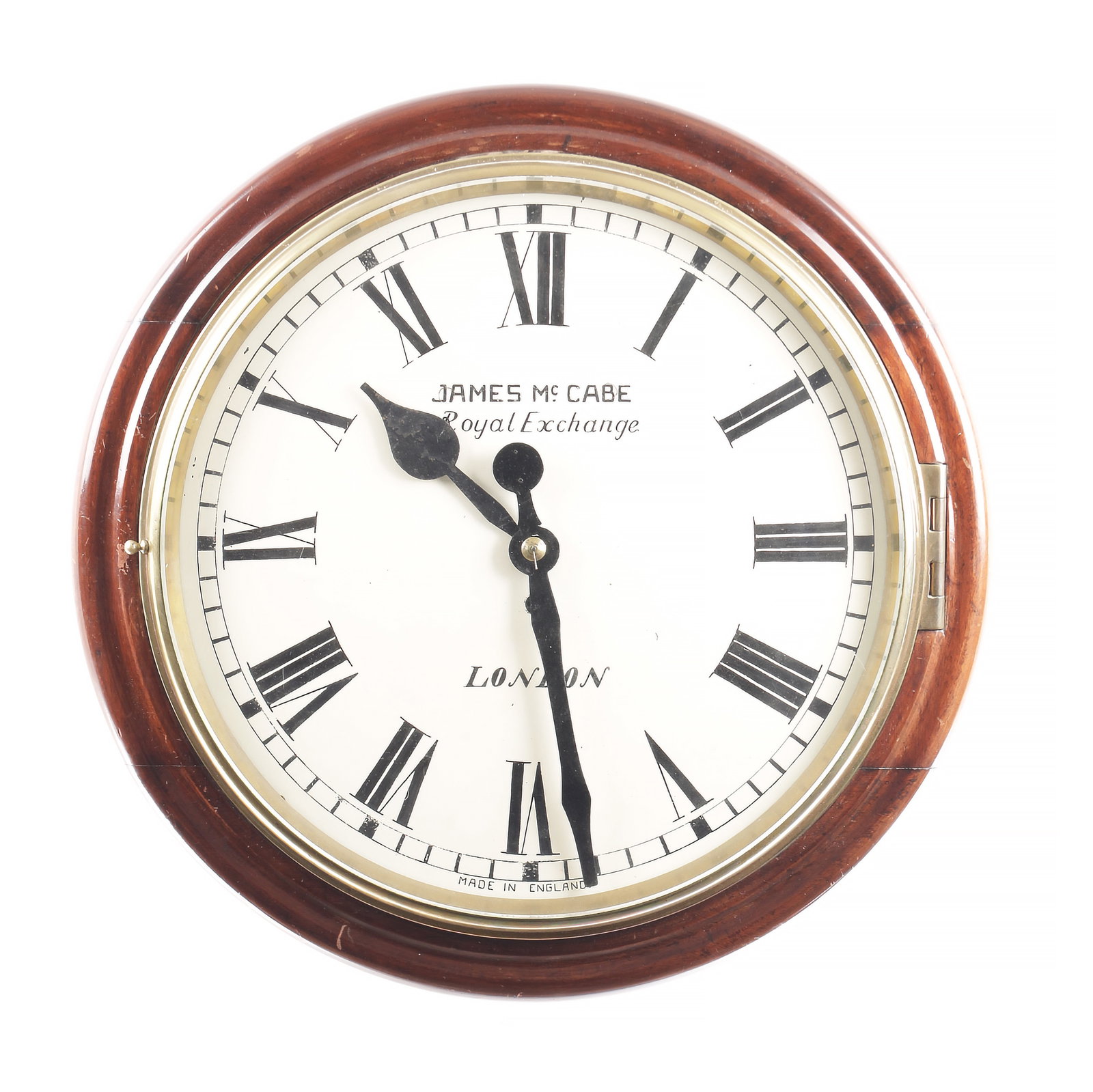 A LARGE LATE 19TH CENTURY FUSEE WALL CLOCK SIGNED JAMES McCABE, ROYAL EXCHANGE, LONDON: A LARGE LATE 19TH CENTURY FUSEE WALL CLOCK SIGNED JAMES McCABE, ROYAL EXCHANGE, LONDON the mahogany case with moulded surround and cast brass bezel enclosing an 18" painted dial with Roman numerals fr