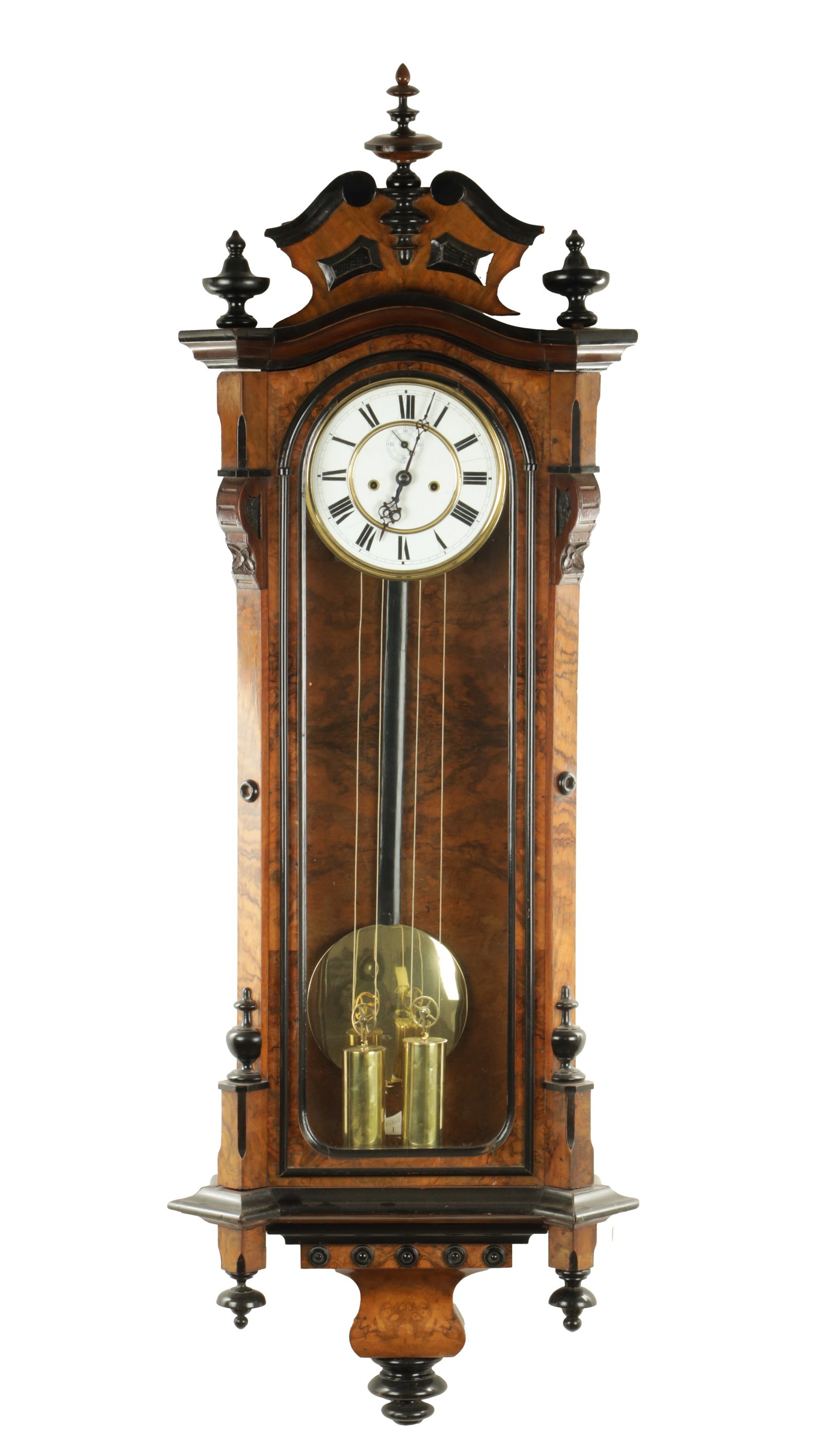 A LATE 19TH CENTURY WALNUT AND EBONISED VIENNA STYLE WALL CLOCK: A LATE 19TH CENTURY WALNUT AND EBONISED VIENNA STYLE WALL CLOCK, the glazed burr walnut case with ebonised mouldings enclosing a 6 1/2" enamel dial with Roman numerals and subsidiary seconds dial fron