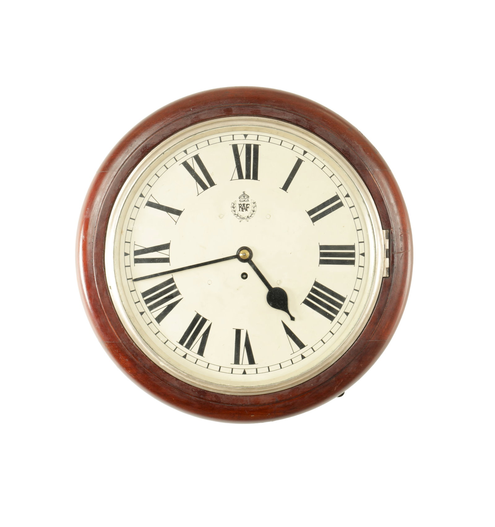 A WWII W. ELLIOTT R.A.F. FUSEE WALL CLOCK: A WWII W. ELLIOTT R.A.F. FUSEE WALL CLOCK, the mahogany case with moulded surround and silvered cast brass bezel enclosing a 13" painted dial with Roman numerals fronting an eight-day chain-driven fus