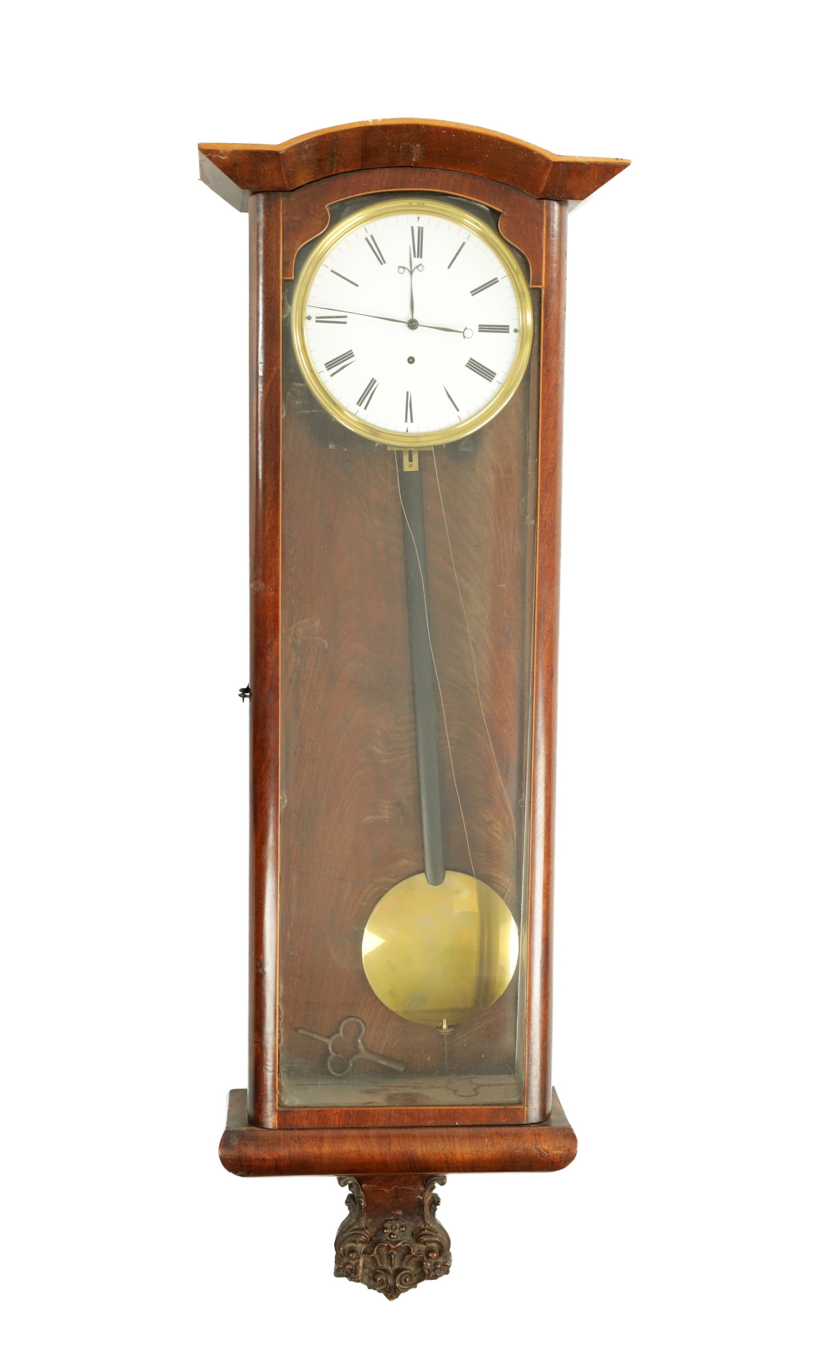A 19TH CENTURY BIEDERMEIER VIENNA REGULATOR WALL CLOCK: A 19TH CENTURY BIEDERMEIER VIENNA REGULATOR WALL CLOCK, the glazed rosewood case enclosing a 6 1/2" enamel dial with Roman numerals and gilt brass bezel fronting an eight-day weight-driven movement wi