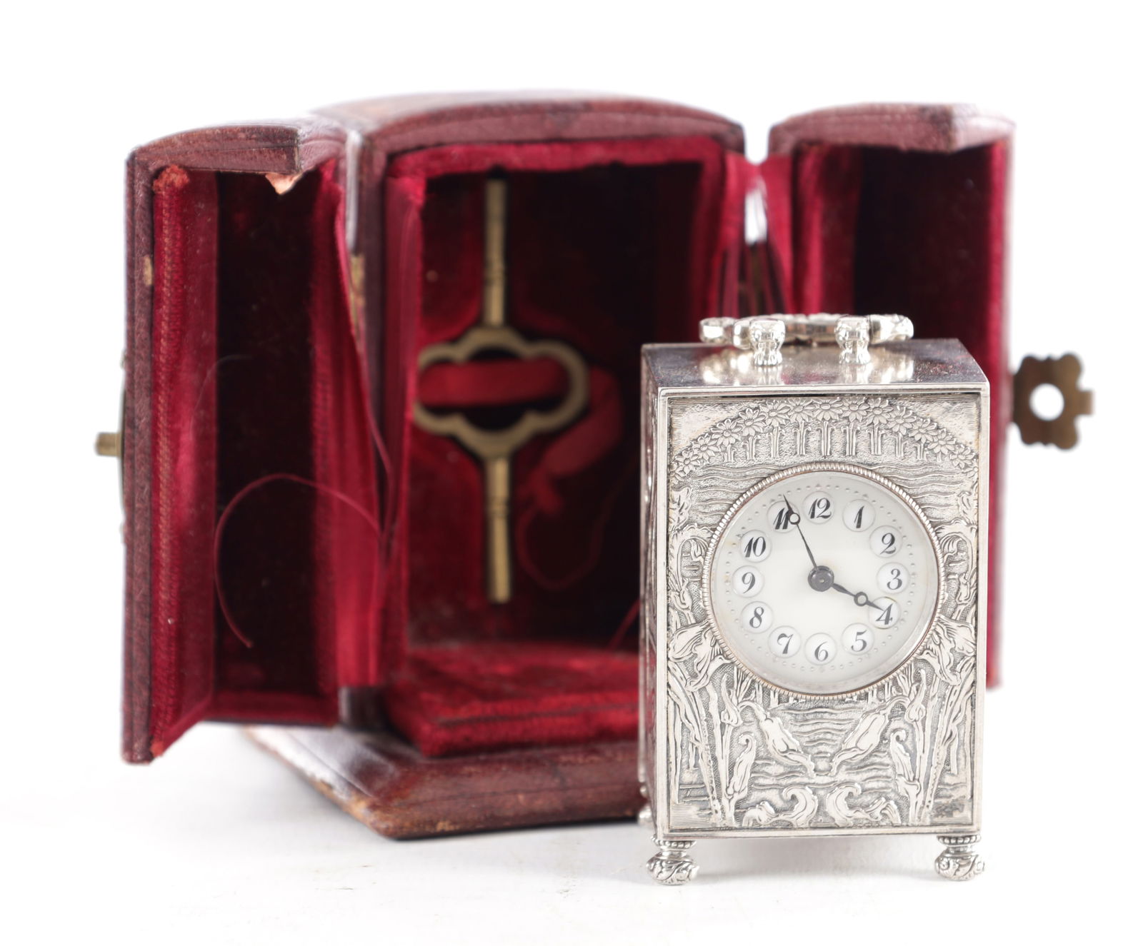 A FINE LATE 19TH CENTURY ART NOUVEAU STYLE SWISS SILVER MINIATURE BOUDOIR CARRIAGE CLOCK (1 of 10)