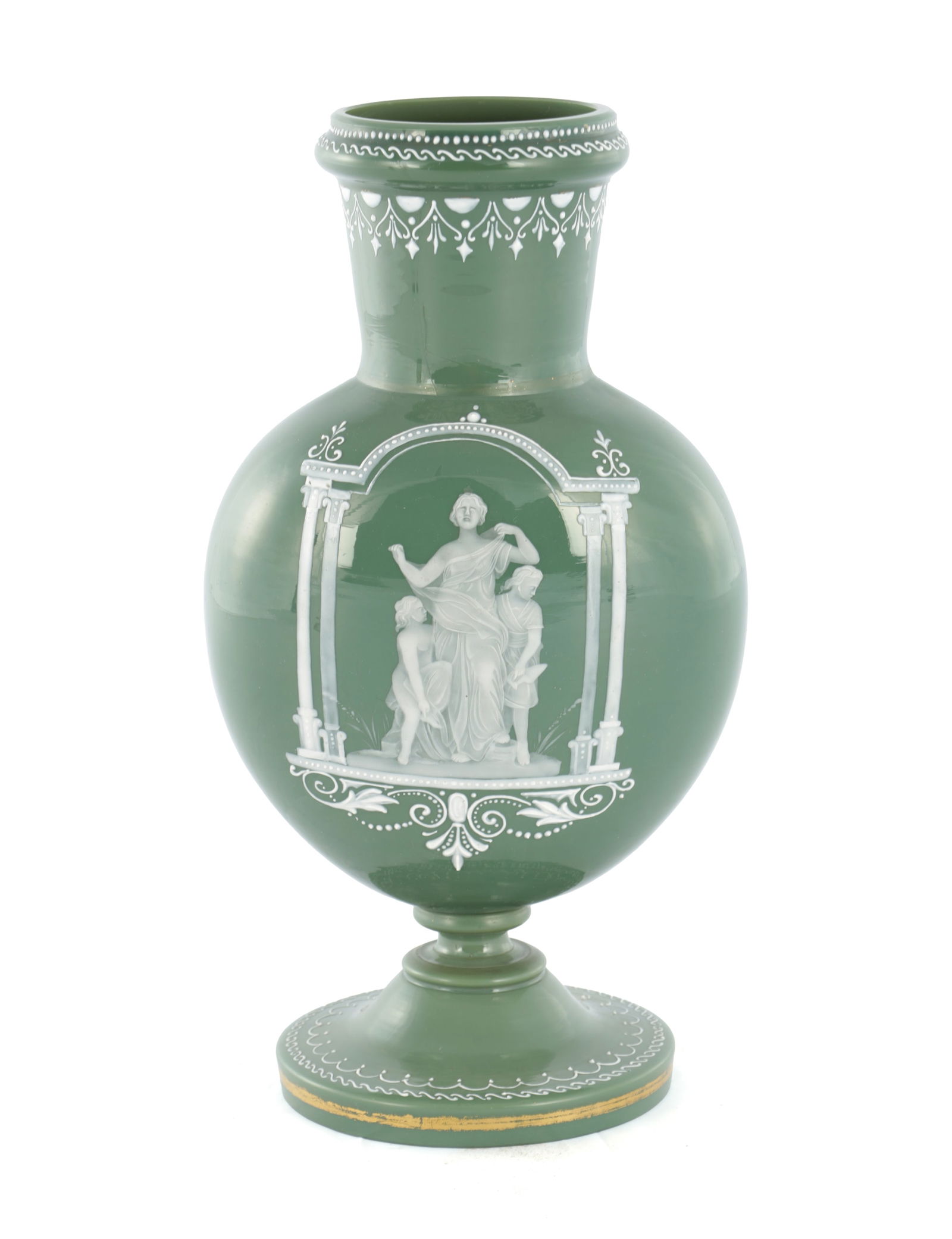 AN UNUSUAL LATE 19TH CENTURY GREEN GLASS AND OPAQUE ENAMEL DECORATED VASE (1 of 7)