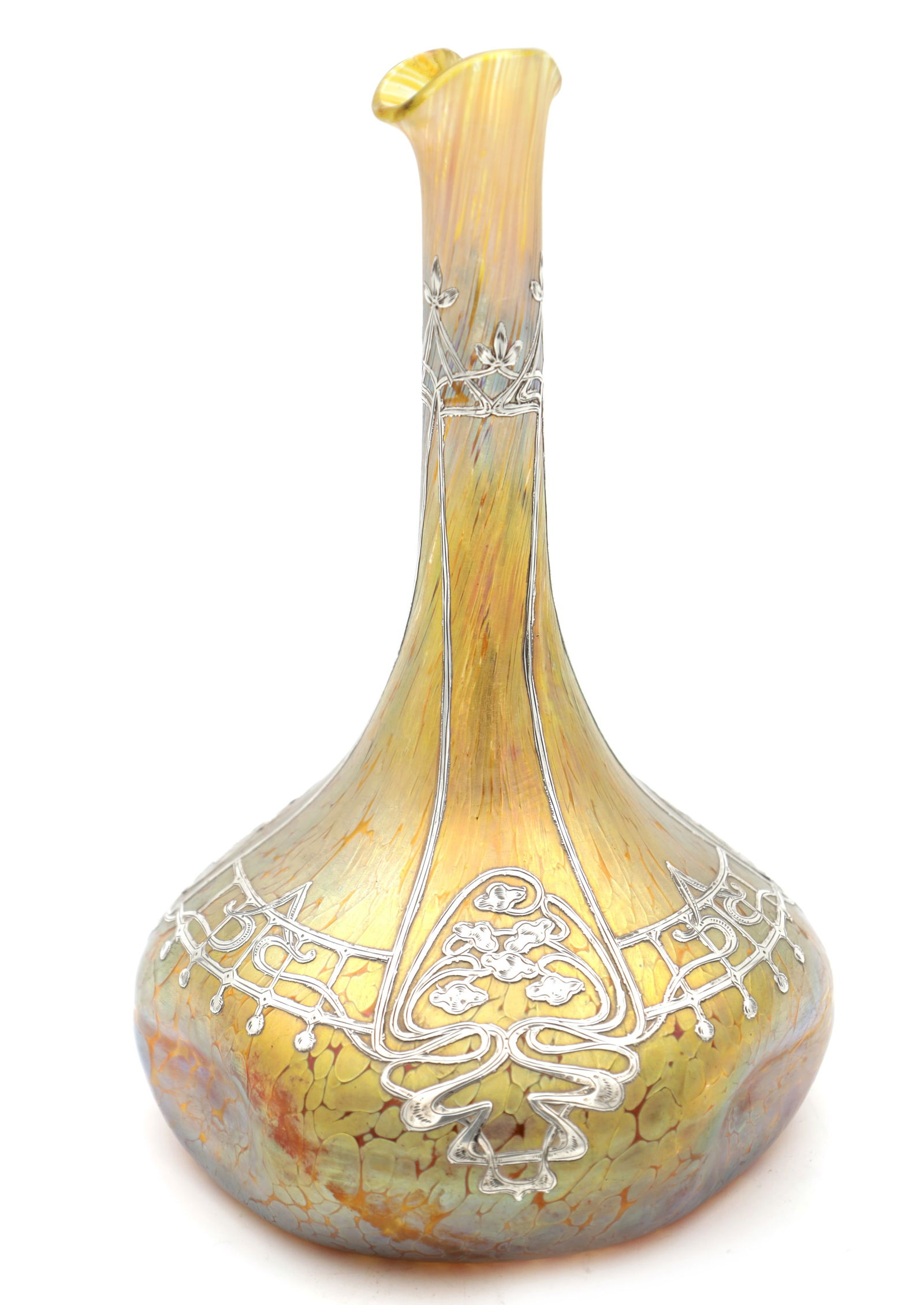 JOHANN LOETZ (1778 - 1844) AN EARLY 20TH CENTURY SILVER OVERLAY GLASS VASE IN PAPILLON DECOR (1 of 5)