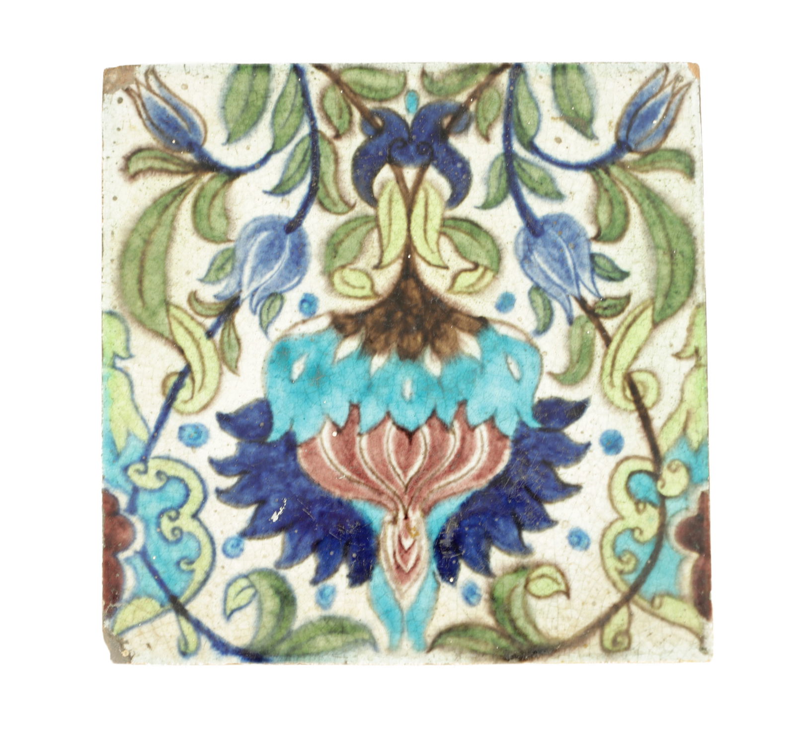 ATT. WILLIAM DE MORGAN (1839-1917). 19TH CENTURY EARTHENWARE TILE: ATT. WILLIAM DE MORGAN (1839-1917). 19TH CENTURY EARTHENWARE TILE displaying a turquoise and brown artichoke on an engobe ground. Stamped on the reverse of the tile. (16cm square)