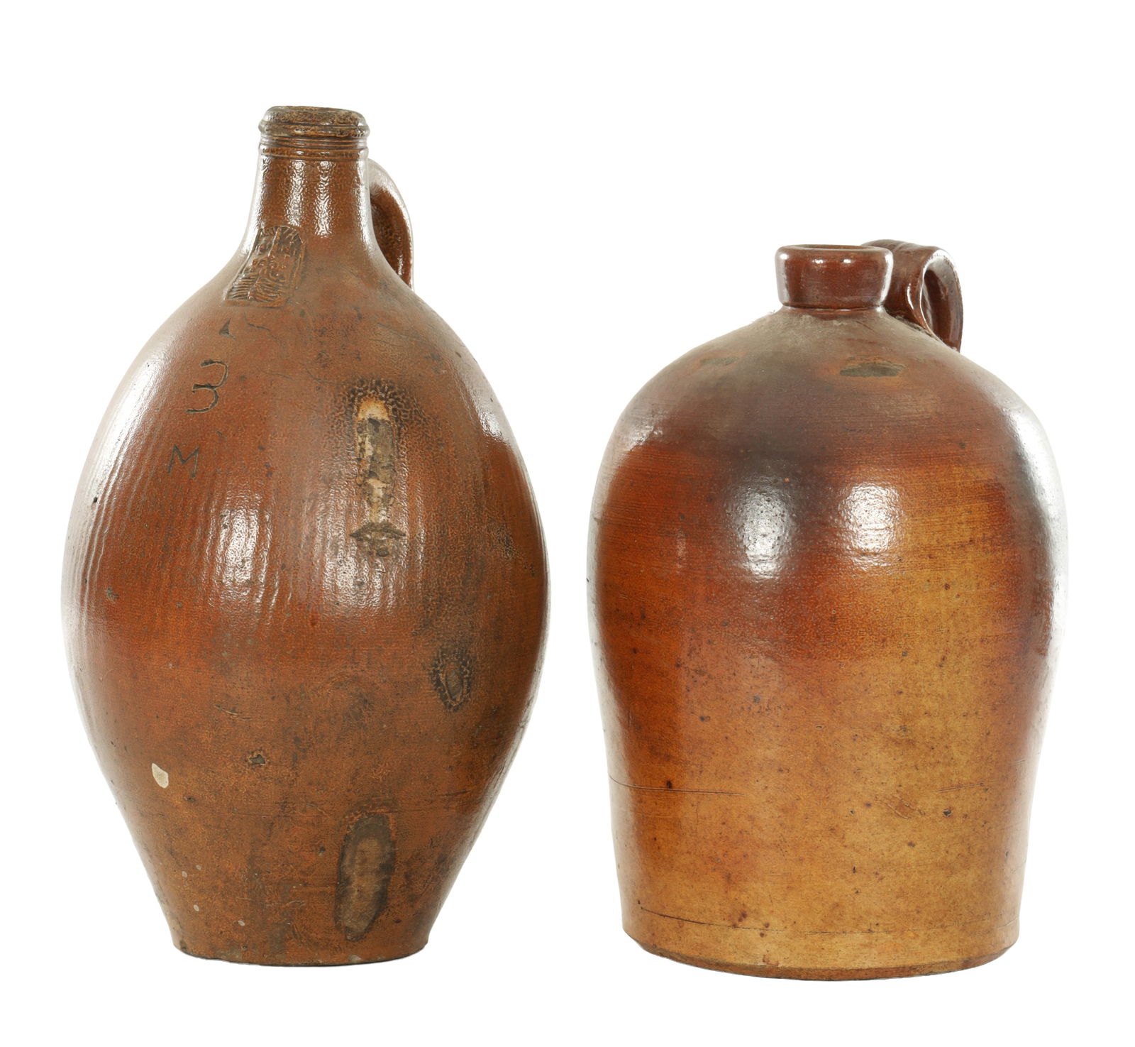 A 17TH CENTURY STONEWARE BELLARMINE AND A 19TH CENTURY STONEWARE ALE JUG (1 of 15)