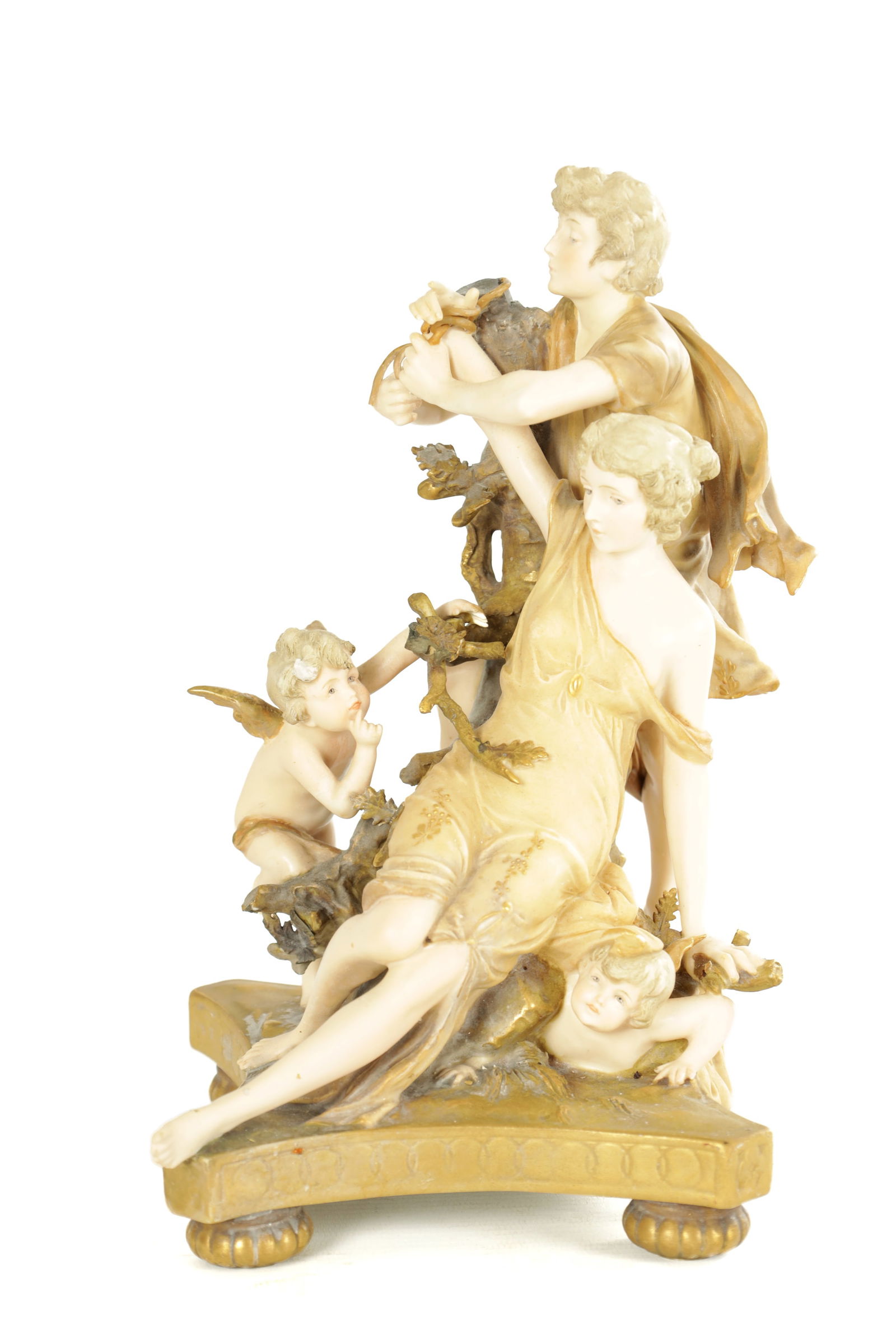 A LATE 19TH/20TH CENTURY ERNST WAHLISS PORCELAIN FIGURE GROUP: A LATE 19TH/20TH CENTURY ERNST WAHLISS PORCELAIN FIGURE GROUP modelled as Amynthas freeing Sylvia, after Boucher's 18th century model, painted with muted earthy tones and highlighted silted areas, on