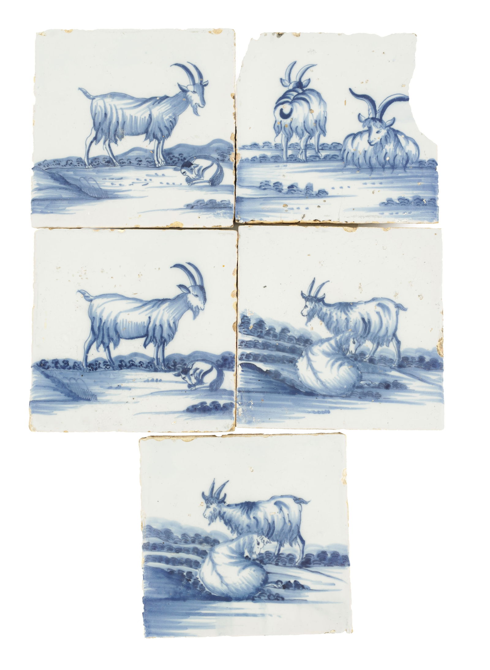 A SET OF FIVE 18TH CENTURY HAND-PAINTED BLUE AND WHITE DELFT TILES: A SET OF FIVE 18TH CENTURY HAND-PAINTED BLUE AND WHITE DELFT TILES depicting Goats (13cm square )