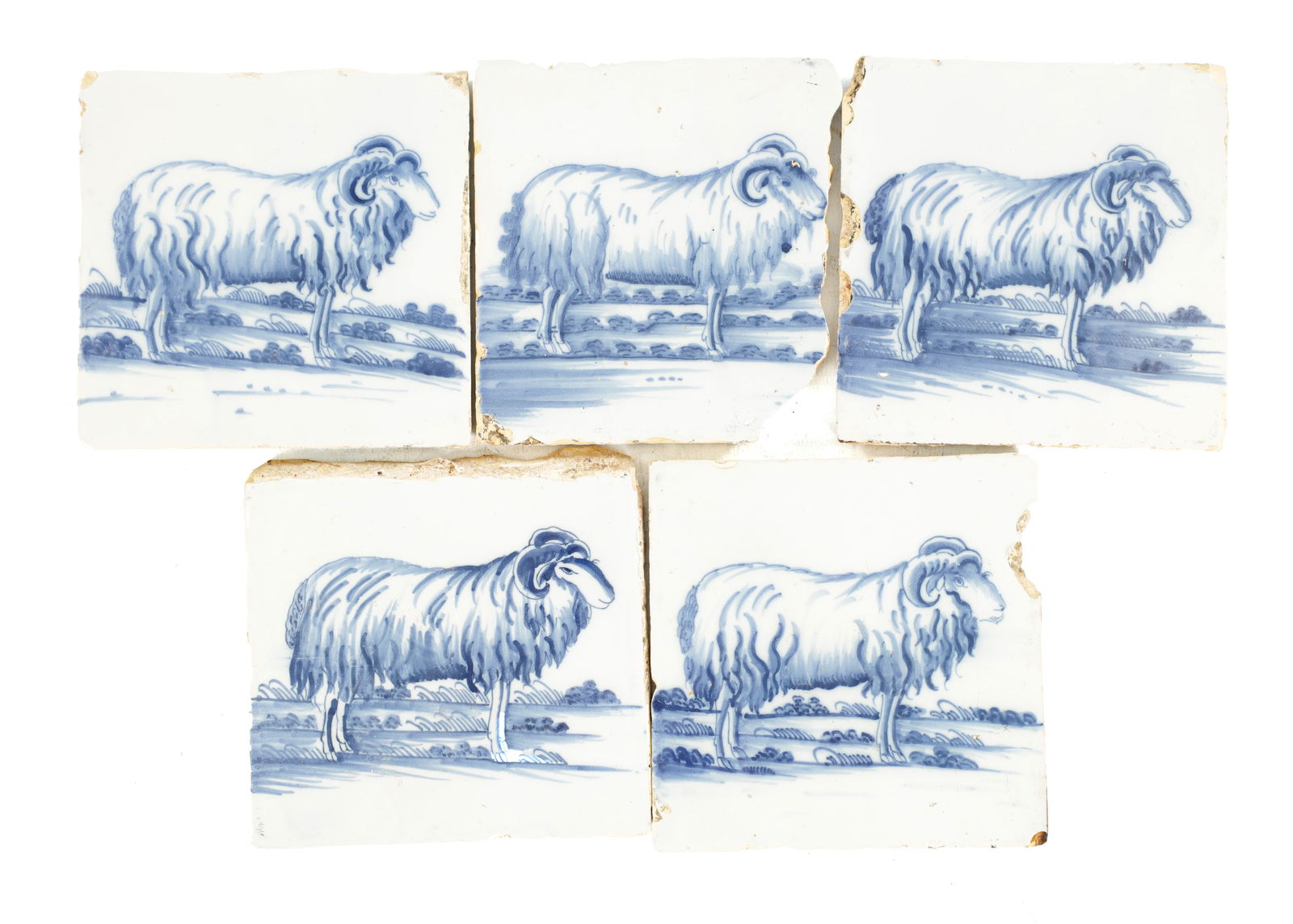A SET OF FIVE 18TH CENTURY HAND-PAINTED BLUE AND WHITE DELFT TILES: A SET OF FIVE 18TH CENTURY HAND-PAINTED BLUE AND WHITE DELFT TILES depicting Rams (13cm square )