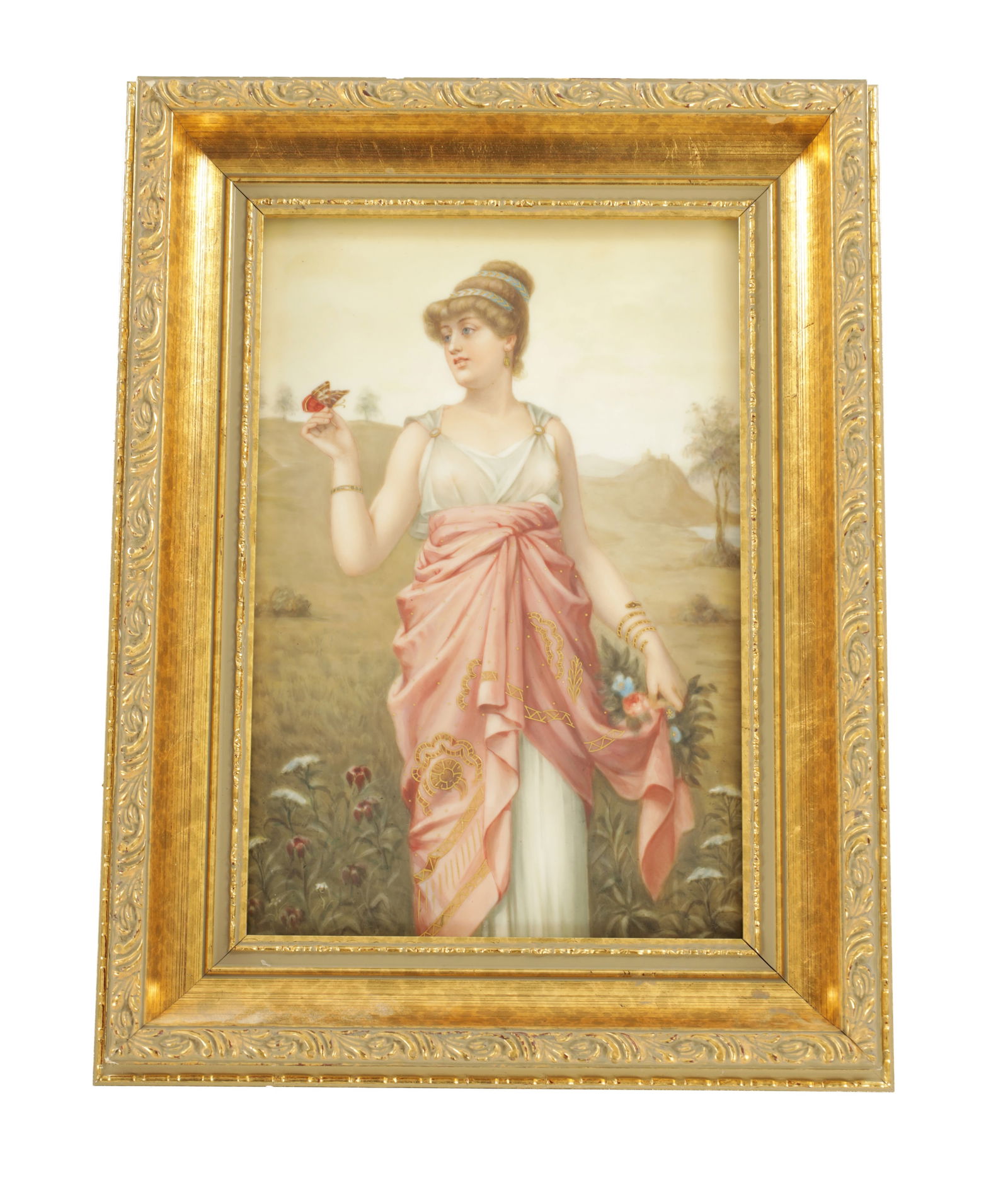 A FINE 19TH CENTURY KPM BERLIN PORCELAIN PLAQUE: A FINE 19TH CENTURY KPM BERLIN PORCELAIN PLAQUE, full-length portrait of a young lady holding a bird in a landscape setting, impressed mark to verso - in gilt moulded frame (Plaque measures 22.5cm hig