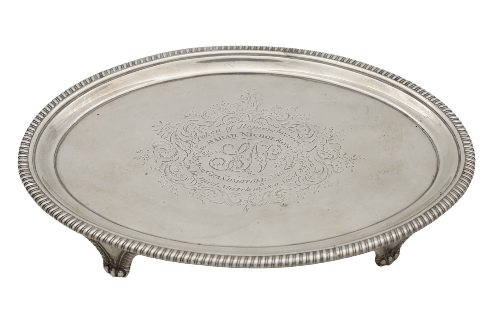 A GEORGE III OVAL SILVER SALVER (1 of 8)