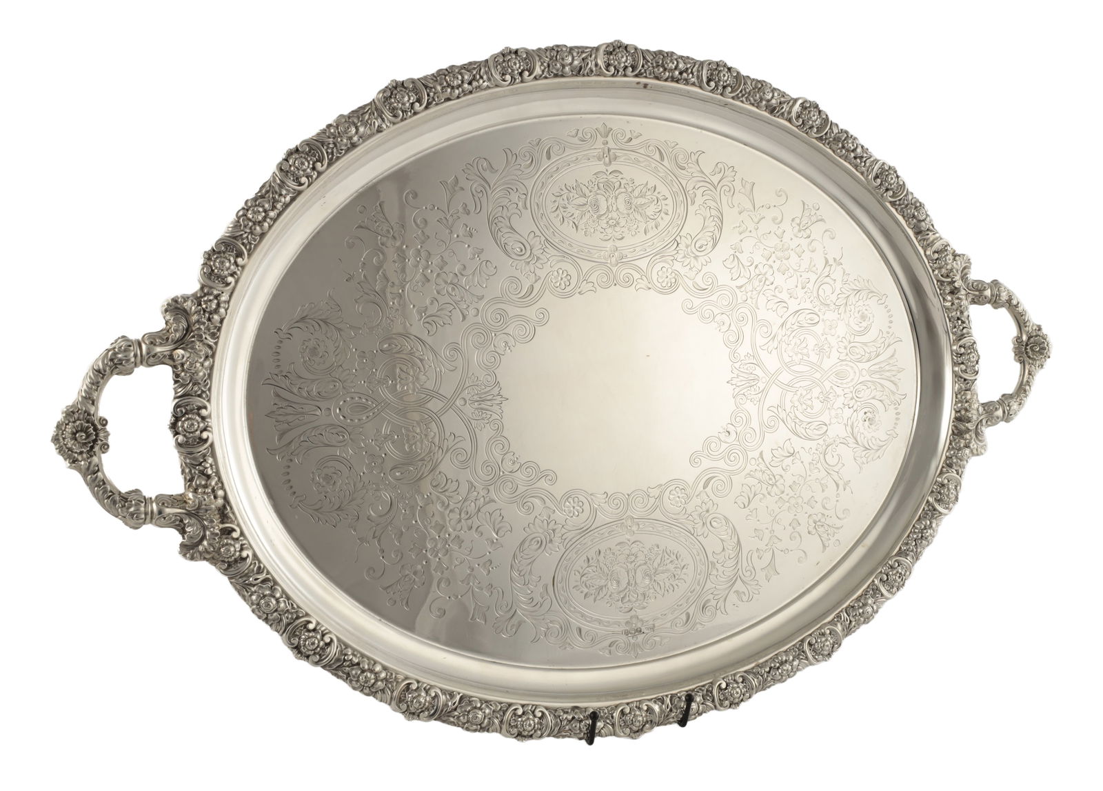 A LARGE LATE 19TH CENTURY OVAL SILVER TWIN HANDLED TRAY (1 of 8)
