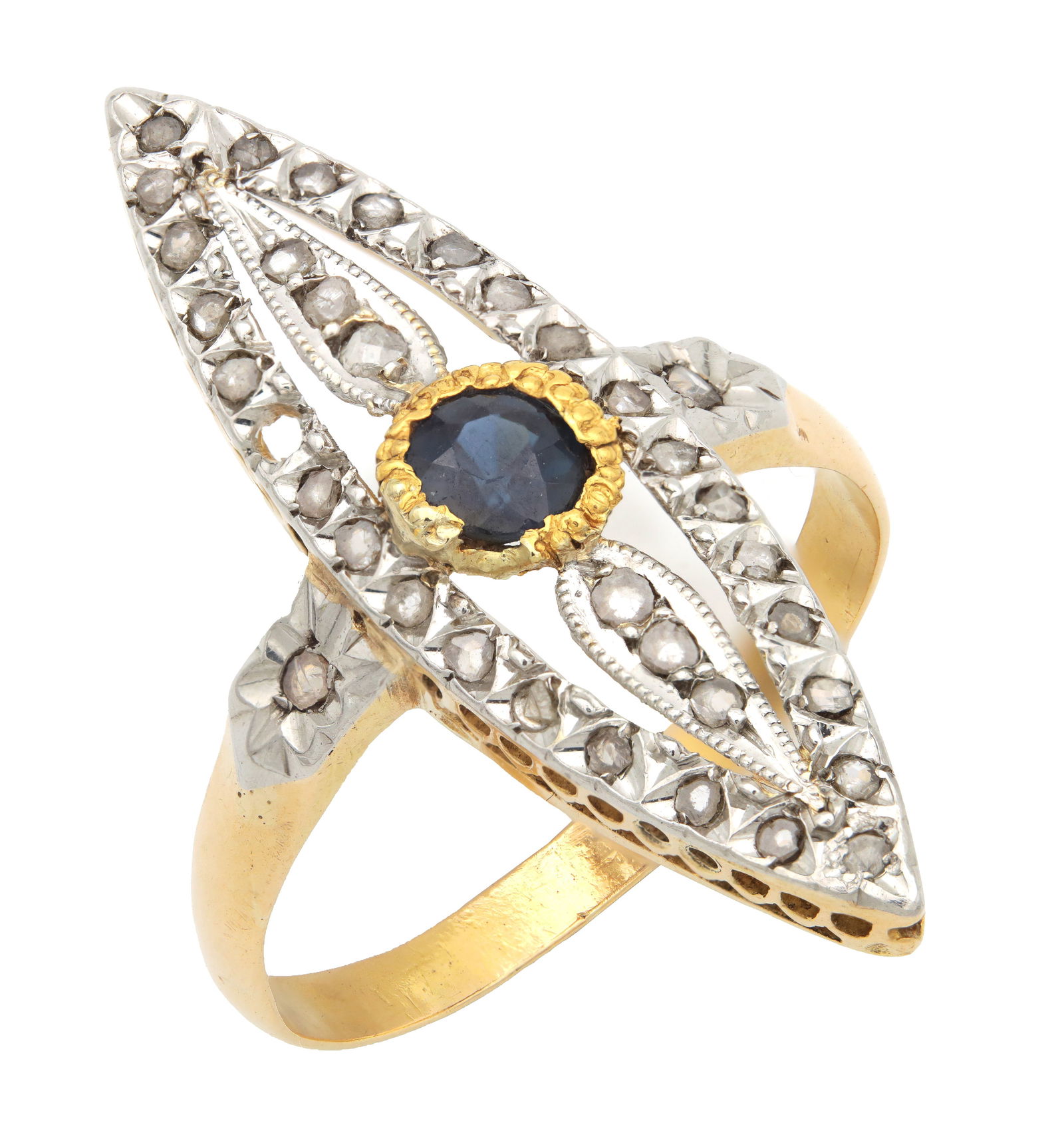 AN 18CT GOLD FRENCH MARQUISE DIAMOND AND SAPPHIRE RING (1 of 2)