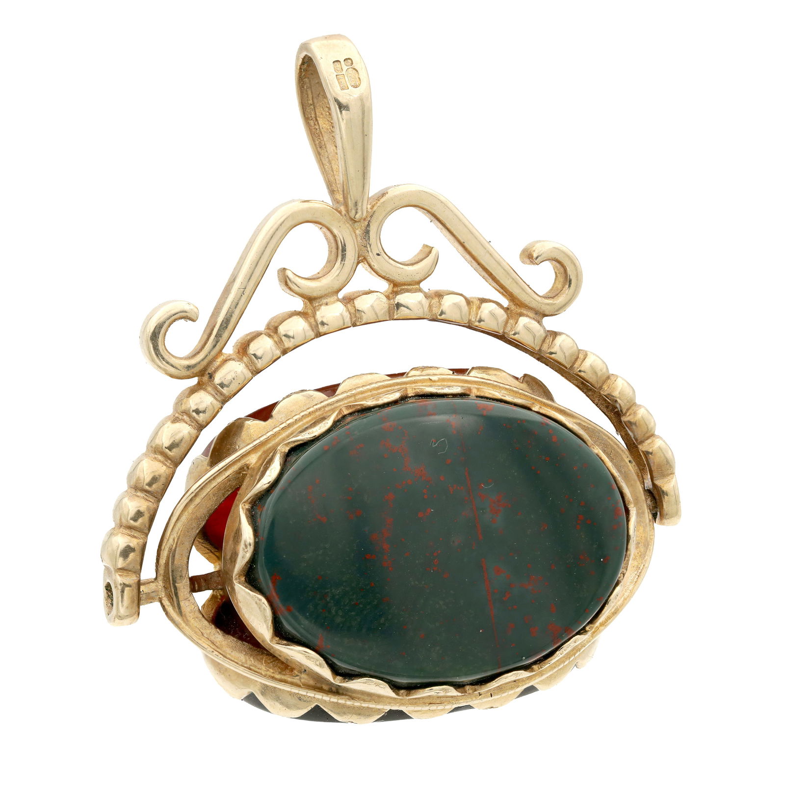 A 9CT GOLD AND HARDSTONE SWIVEL MOUNTED WATCH FOB (1 of 3)