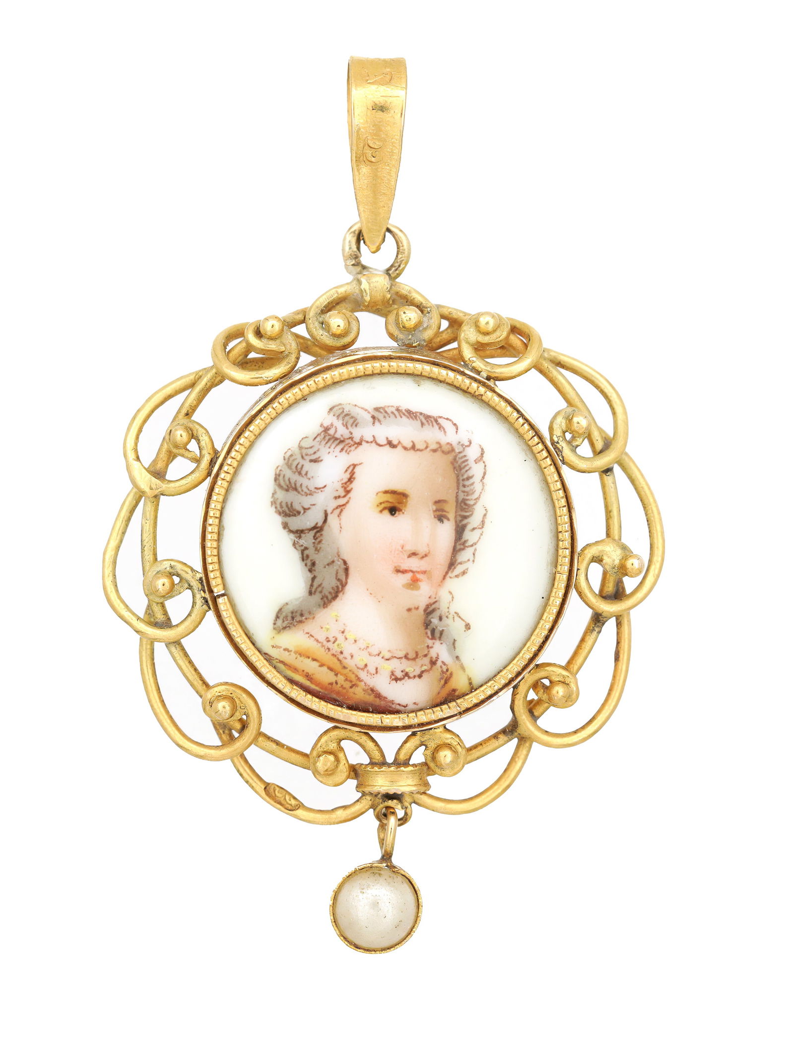 AN EARLY 20TH CENTURY 18CT GOLD AND PORCELAIN PORTRAIT PENDANT (1 of 2)