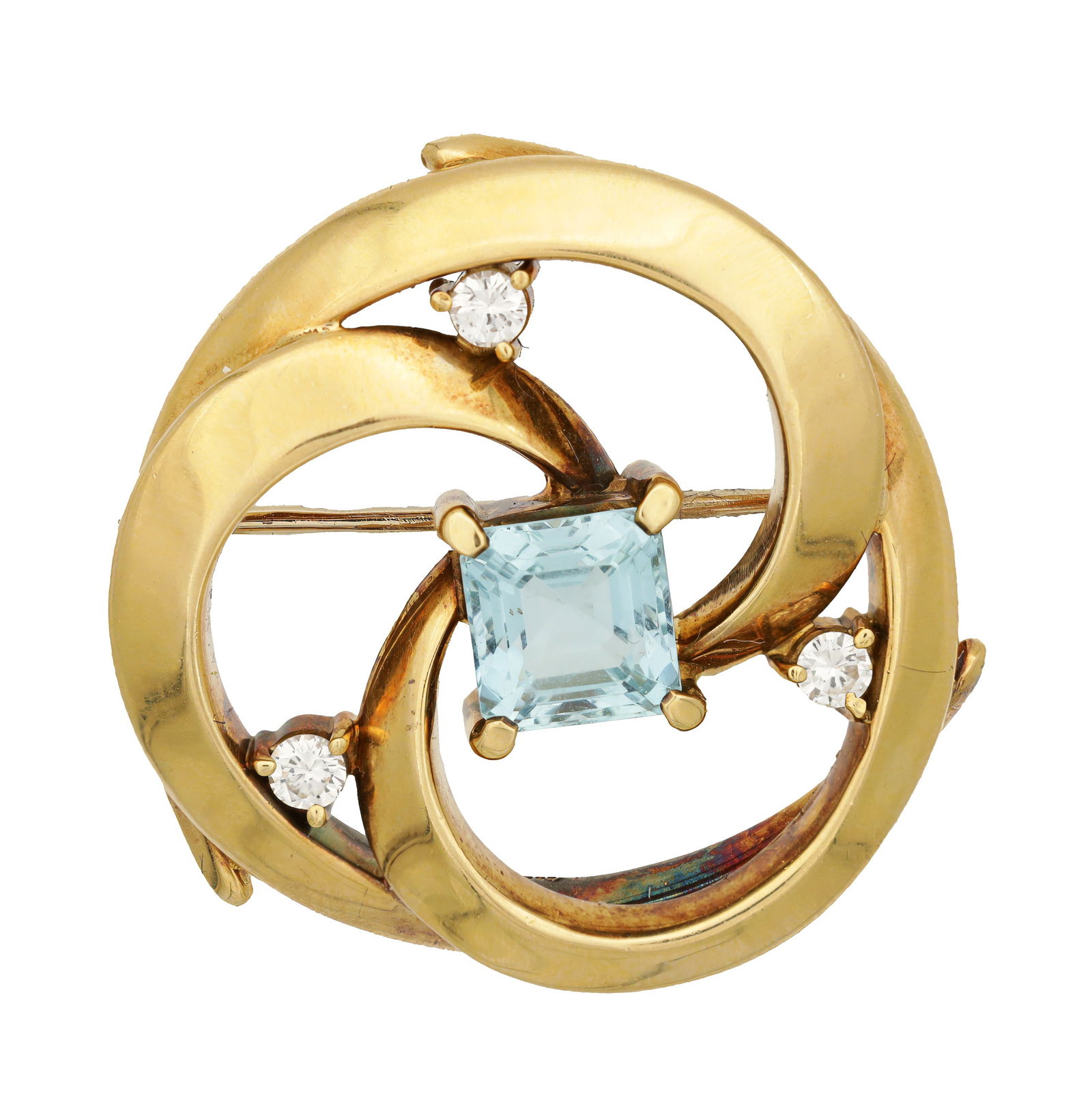 A LADIES 14CT GOLD AQUAMARINE AND DIAMOND BROOCH (1 of 2)