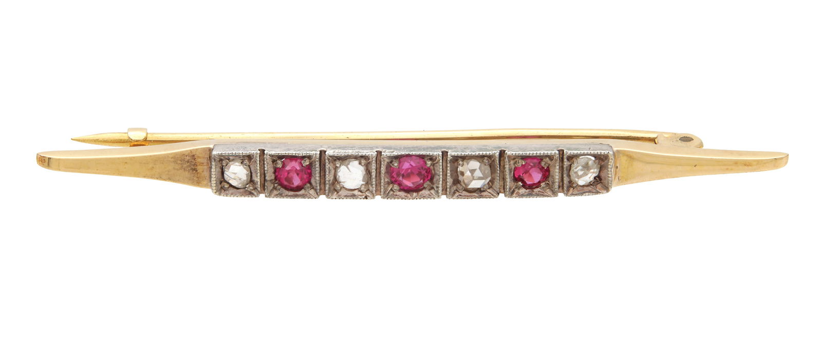 AN 18CT GOLD AND PLATINUM DIAMOND AND RUBY BAR BROOCH (1 of 5)