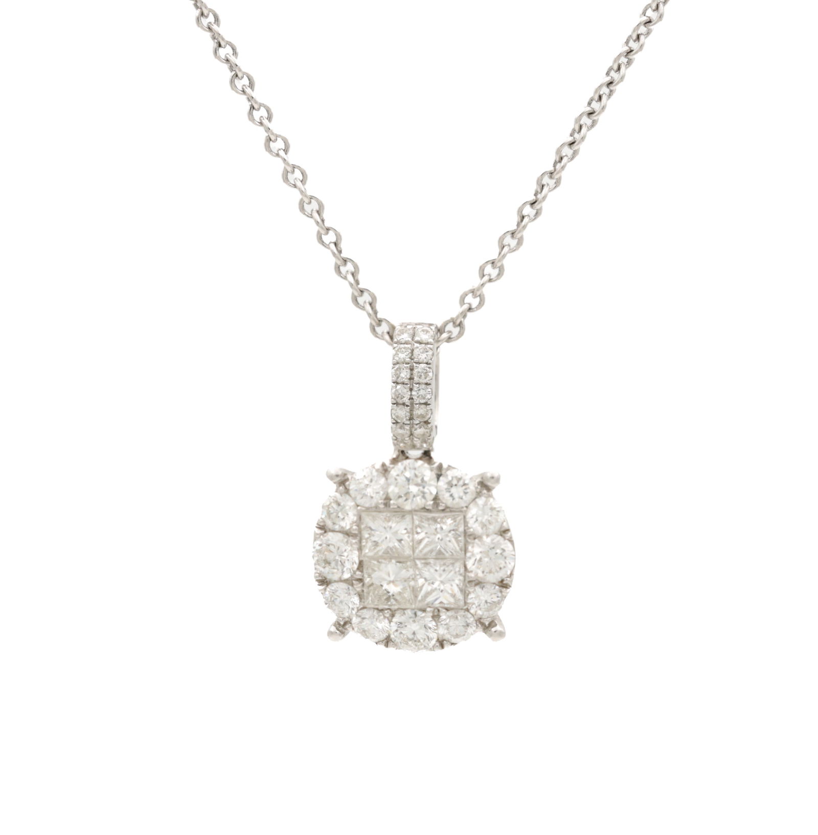 A LADIES 18CT WHITE GOLD AND DIAMOND PENDANT ON A 9CT WHITE GOLD CHAIN: A LADIES 18CT WHITE GOLD AND DIAMOND PENDANT ON A 9CT WHITE GOLD CHAIN the cluster pendant has four radiant cut diamonds to the centre surrounded by a row of cushion cut diamonds, with twelve addition