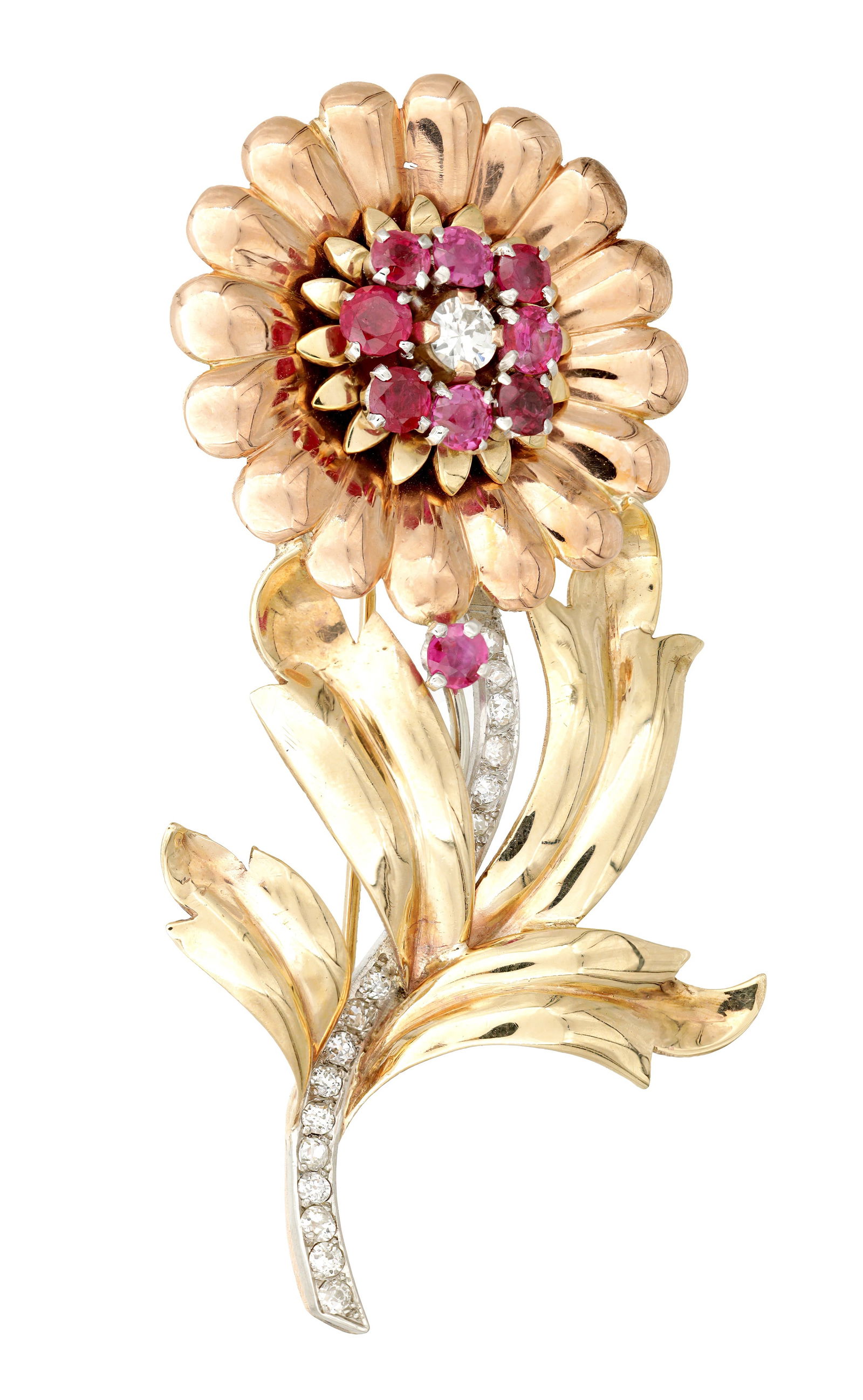 A MID 20TH CENTURY TRICOLOUR GOLD, DIAMOND AND RUBY FLORAL BROOCH (1 of 2)