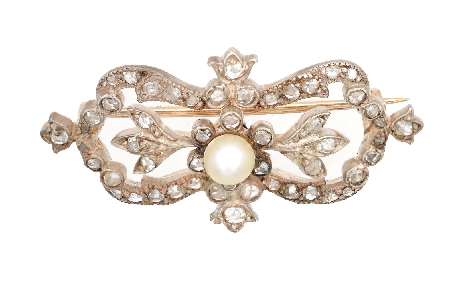 A LATE 19TH CENTURY GOLD DIAMOND AND PEARL BROOCH (1 of 2)