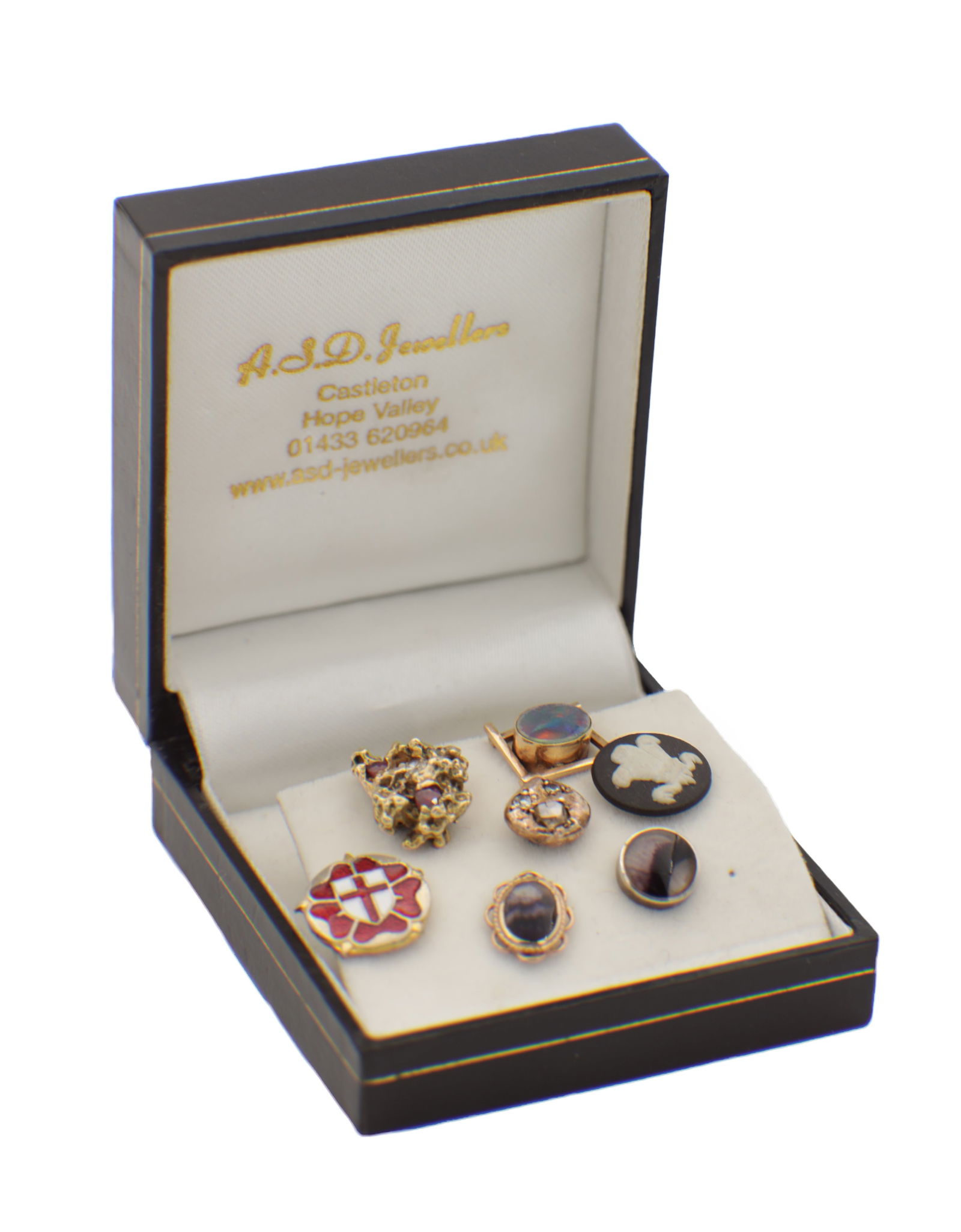 A COLLECTION OF SEVEN, MAINLY GOLD, TIE TACKS: A COLLECTION OF SEVEN, MAINLY GOLD, TIE TACKS, comprising two gold nugget types with diamonds and rubies, a 9ct gold and opal, a 10ct gold and blue john, a silver and blue john, a jasper fleu de lie,