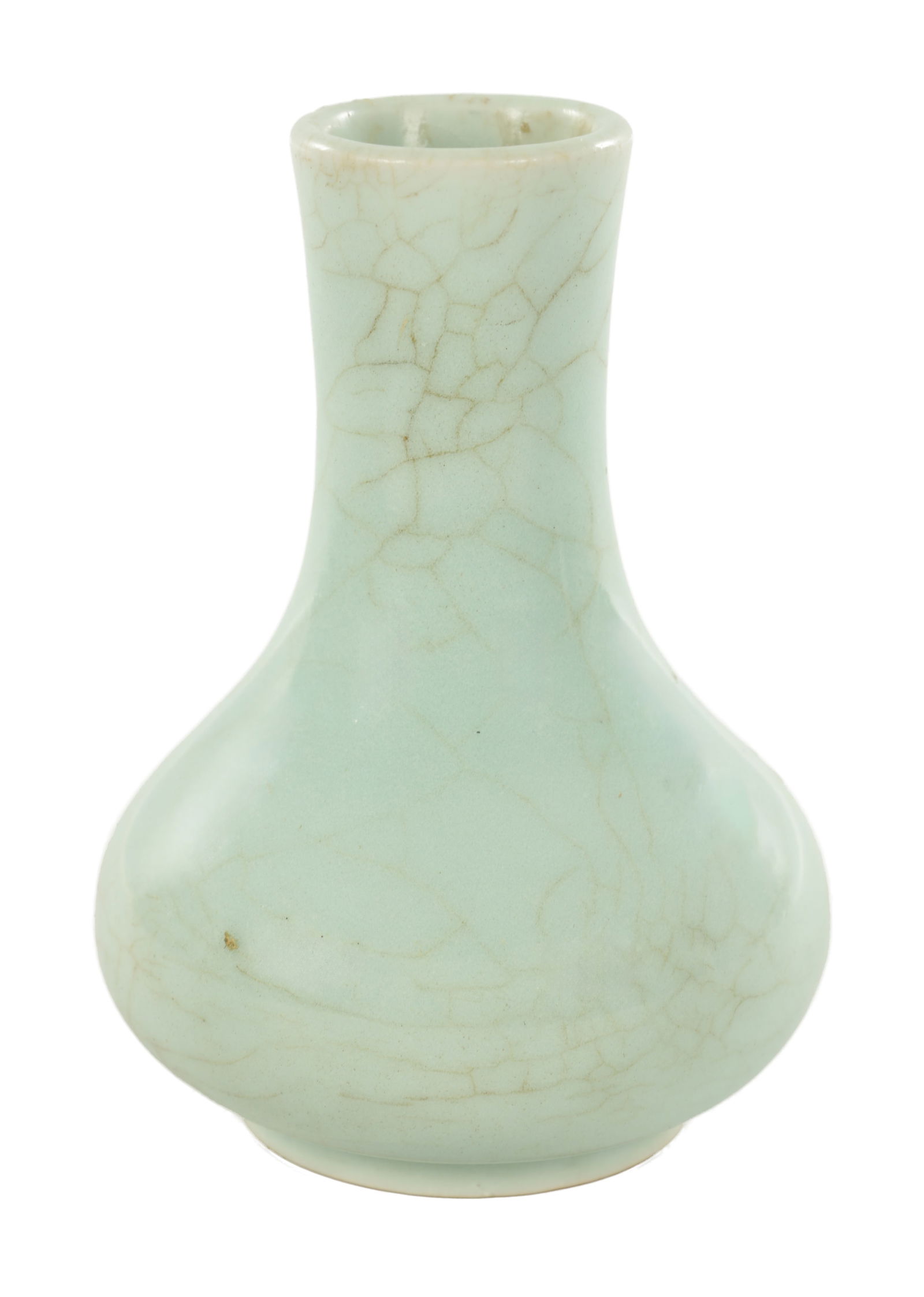 A CHINESE CELADON PORCELAIN VASE: A CHINESE CELADON PORCELAIN VASE of baluster form with crazed ground on a circular foot. (13cm high)