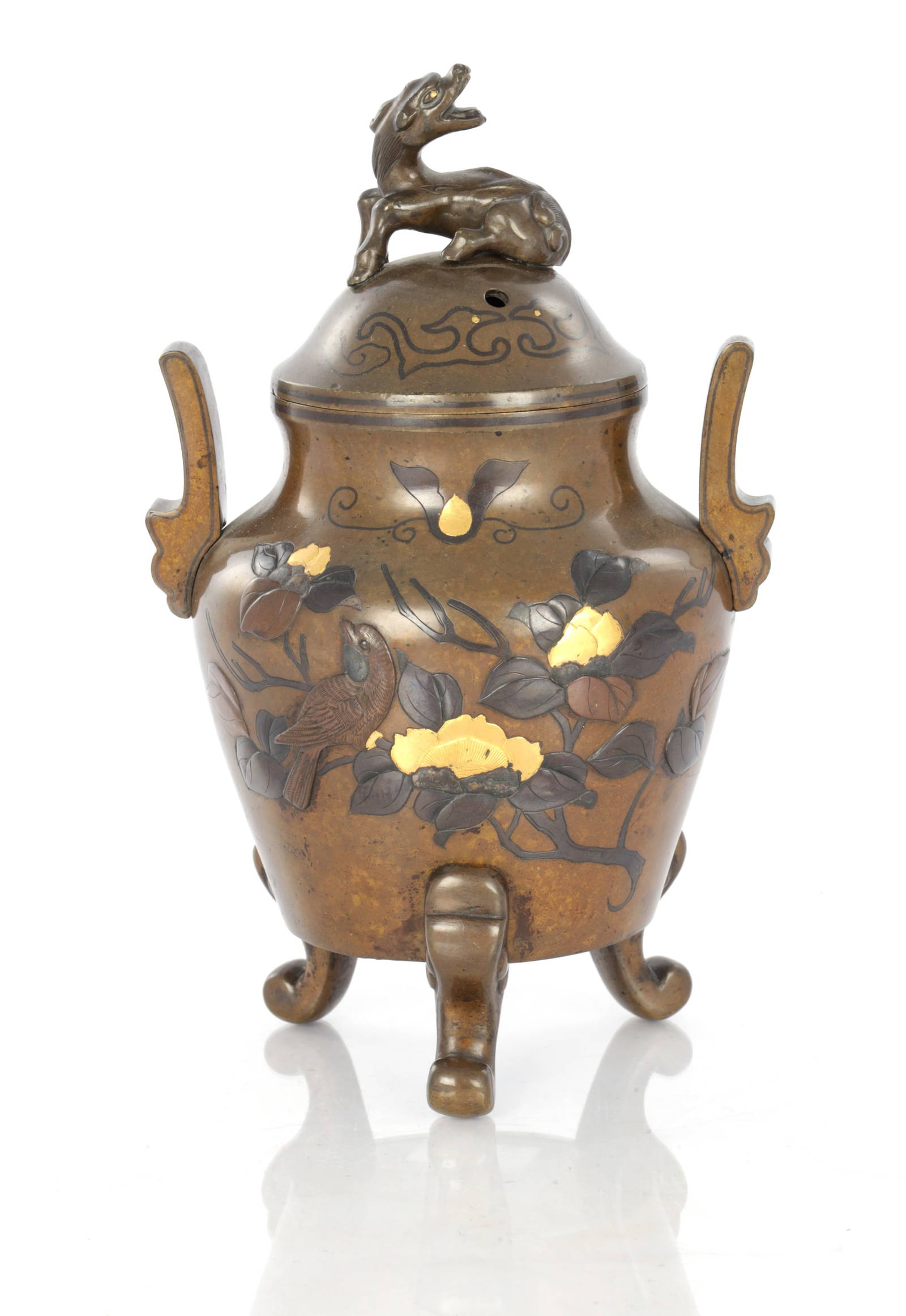 A JAPANESE MEIJI PERIOD MIXED METAL BRONZE KORO AND COVER