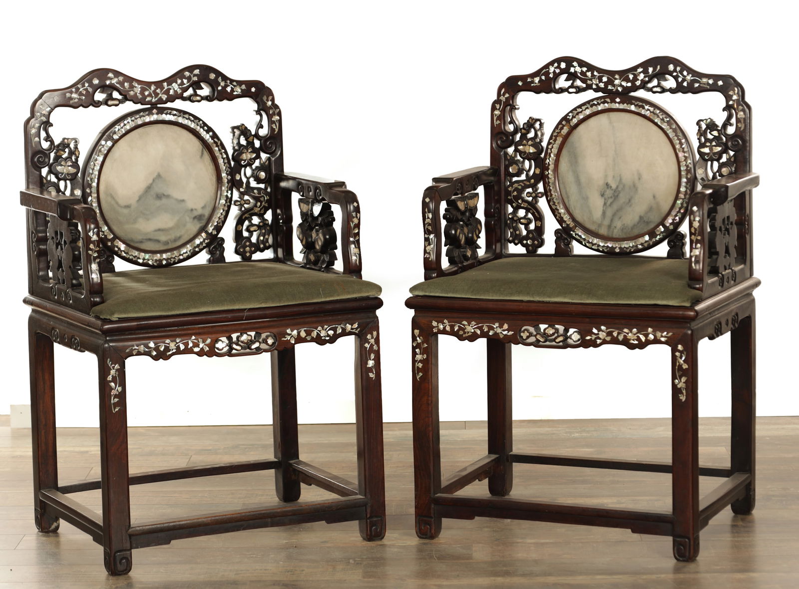 A GOOD PAIR OF 19TH CENTURY CHINESE MOTHER OF PEARL INLAID HARDWOOD ARMCHAIRS (1 of 8)