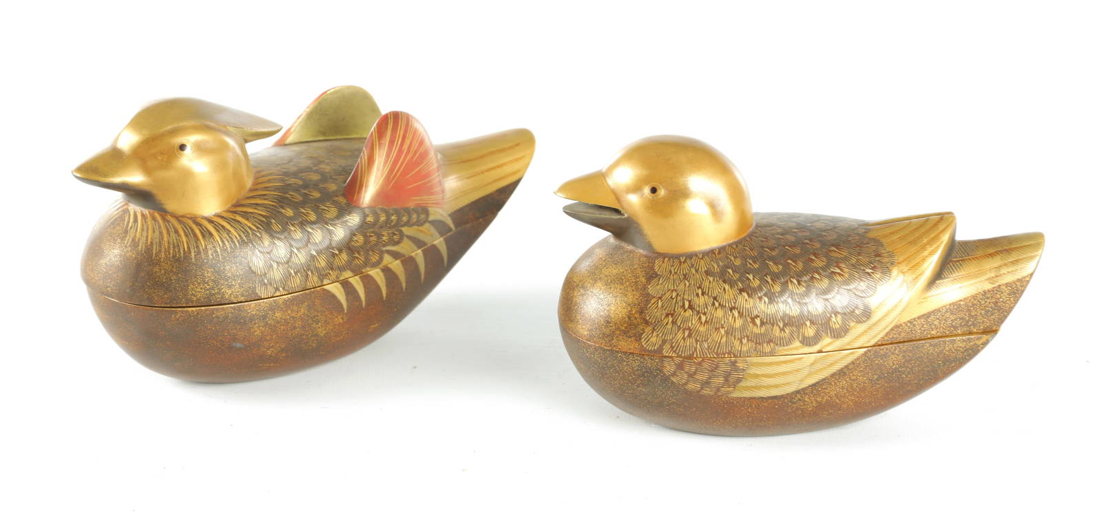 A PAIR OF JAPANESE MEIJI PERIOD LACQUER WORK LIDDED POTS FORMED AS DUCKS