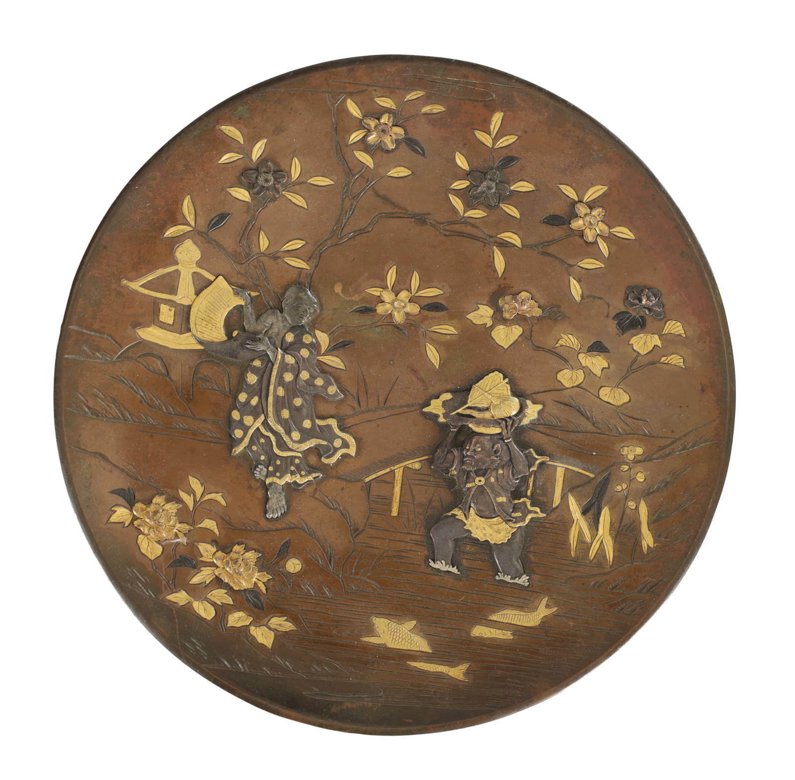 A JAPANESE MEIJI PERIOD BRONZE AND MIXED METAL CHARGER