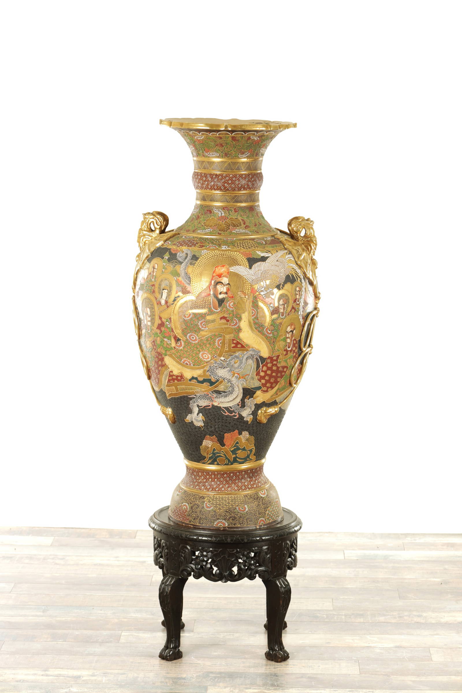 A MASSIVE LATE 19TH CENTURY JAPANESE SATSUMA HALL VASE ON STAND