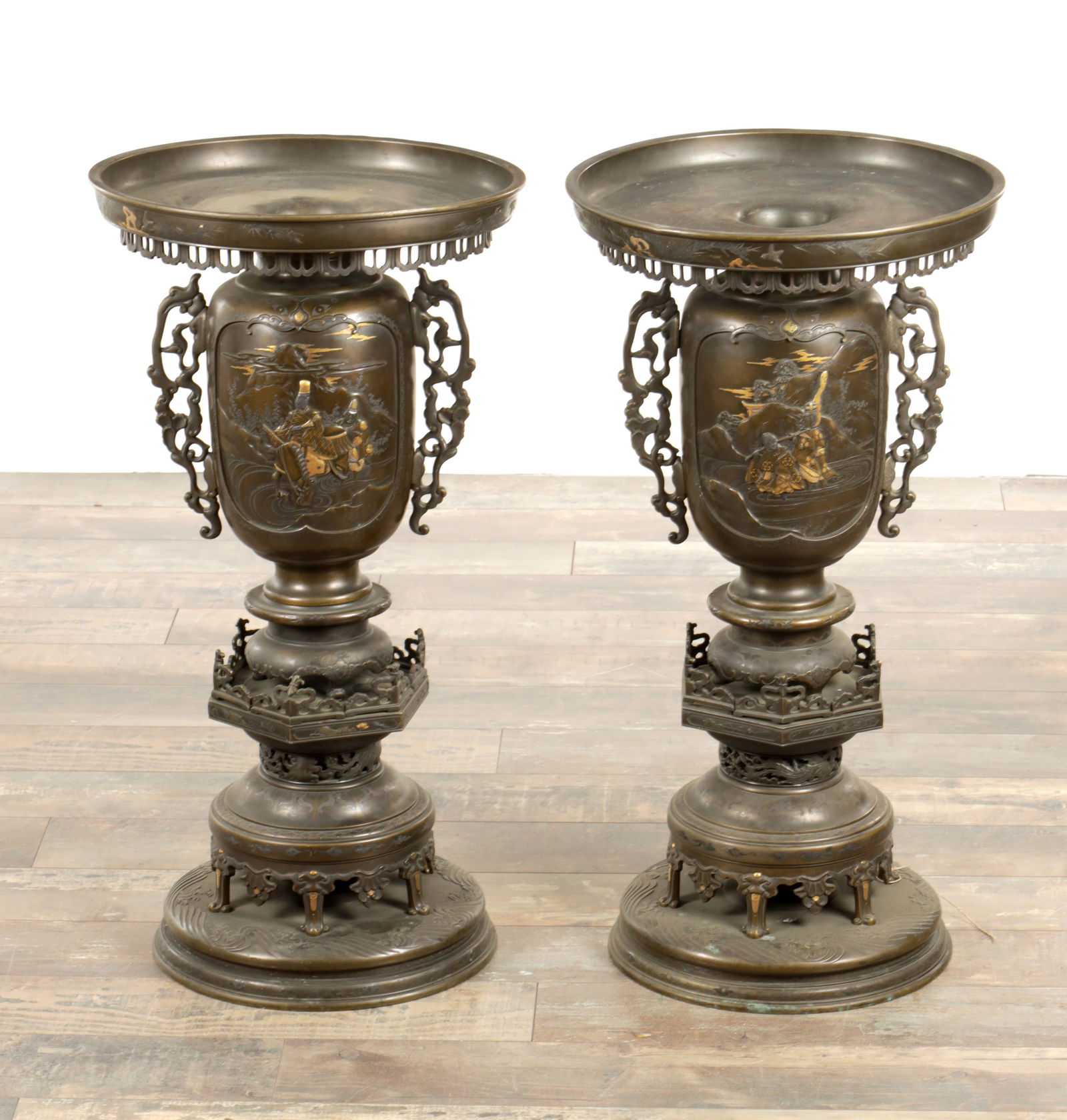 A LARGE AND IMPRESSIVE PAIR OF JAPANESE MEIJI PERIOD BRONZE SECTIONAL VASES (1 of 20)