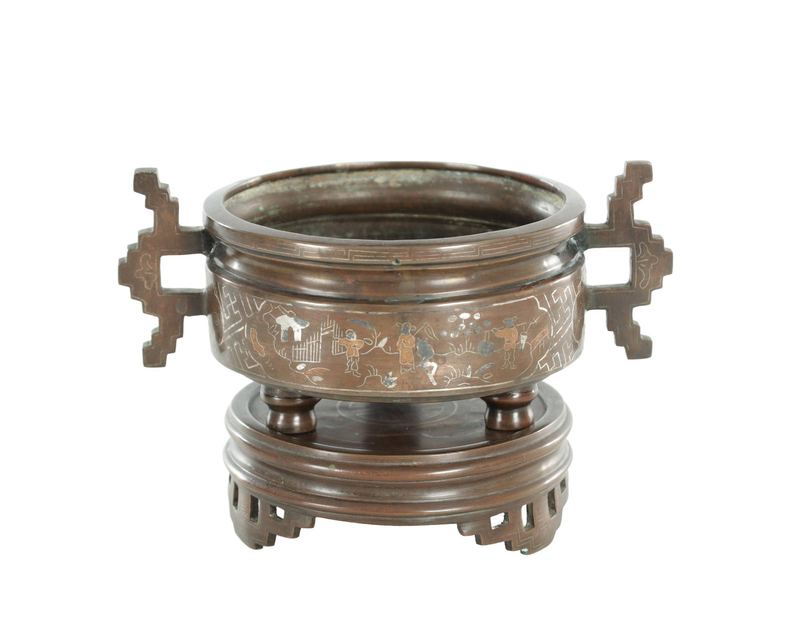 A 19TH CENTURY INLAID SILVER BRONZE CHINESE CENSOR ON STAND