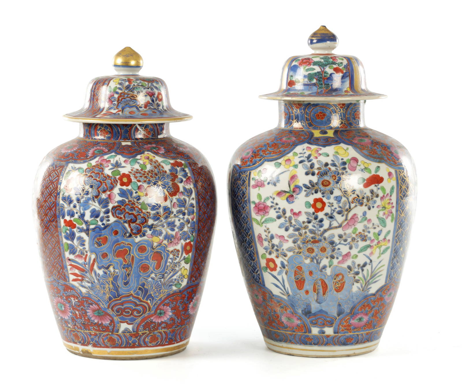 A NEAR PAIR OF 18TH CENTURY CHINESE BLUE AND WHITE BULBOUS VASES AND COVERS LATER DECORATED