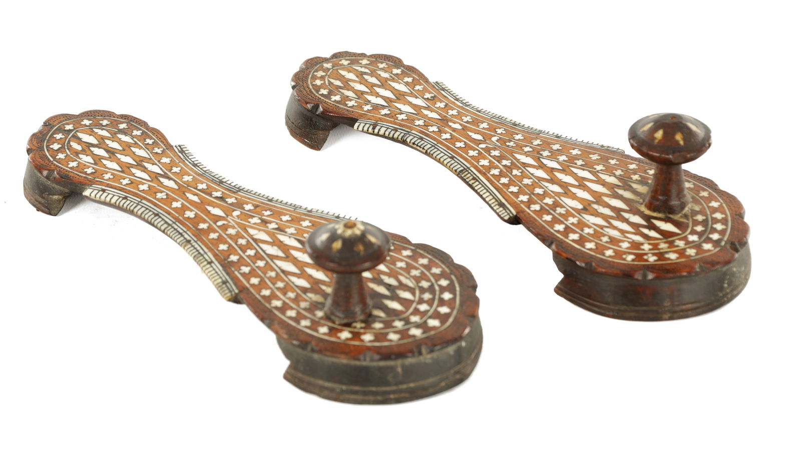 A PAIR OF 19TH CENTURY INLAID BONE HARDWOOD INDIAN SHOES (1 of 6)